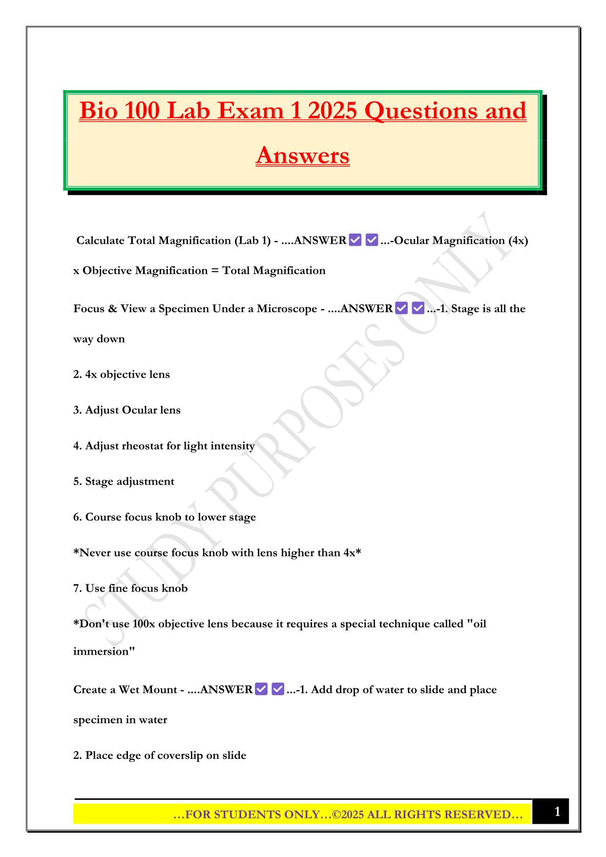 Bio 100 Lab Exam 1 2025 Questions and Answers