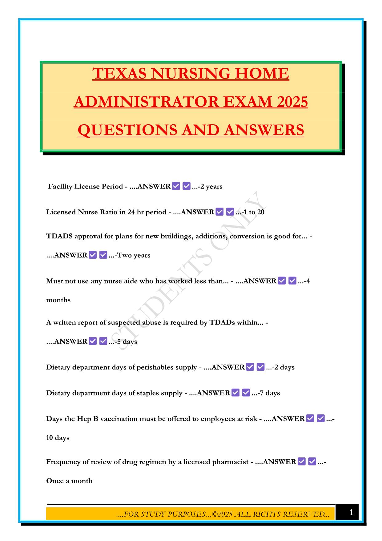 TEXAS NURSING HOME ADMINISTRATOR EXAM 2025 QUESTIONS AND ANSWERS