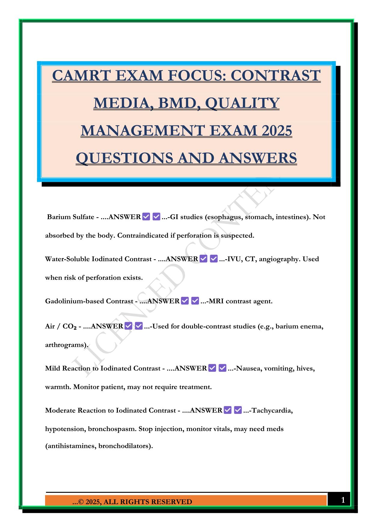 CAMRT EXAM FOCUS: CONTRAST MEDIA, BMD, QUALITY MANAGEMENT EXAM 2025 QUESTIONS AND ANSWERS