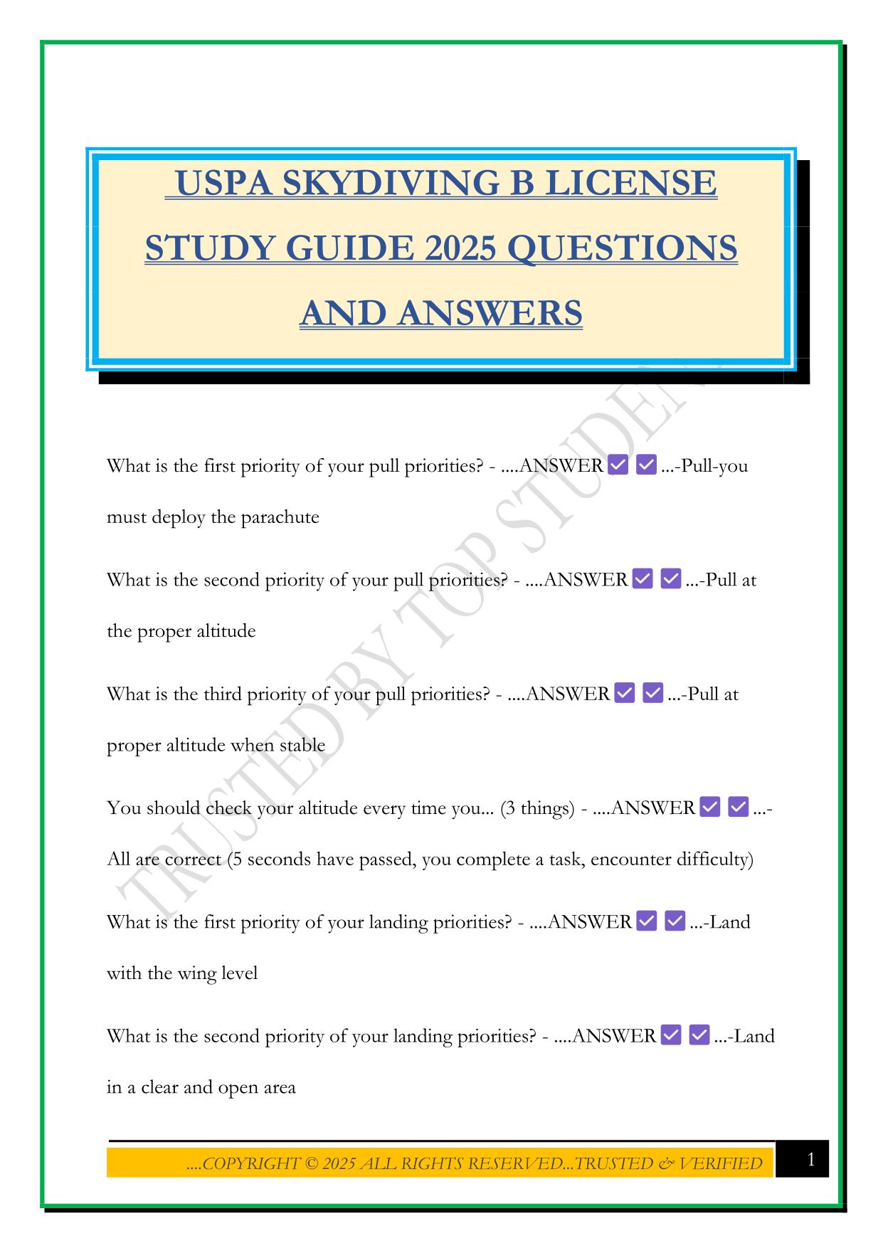 USPA SKYDIVING B LICENSE STUDY GUIDE 2025 QUESTIONS AND ANSWERS