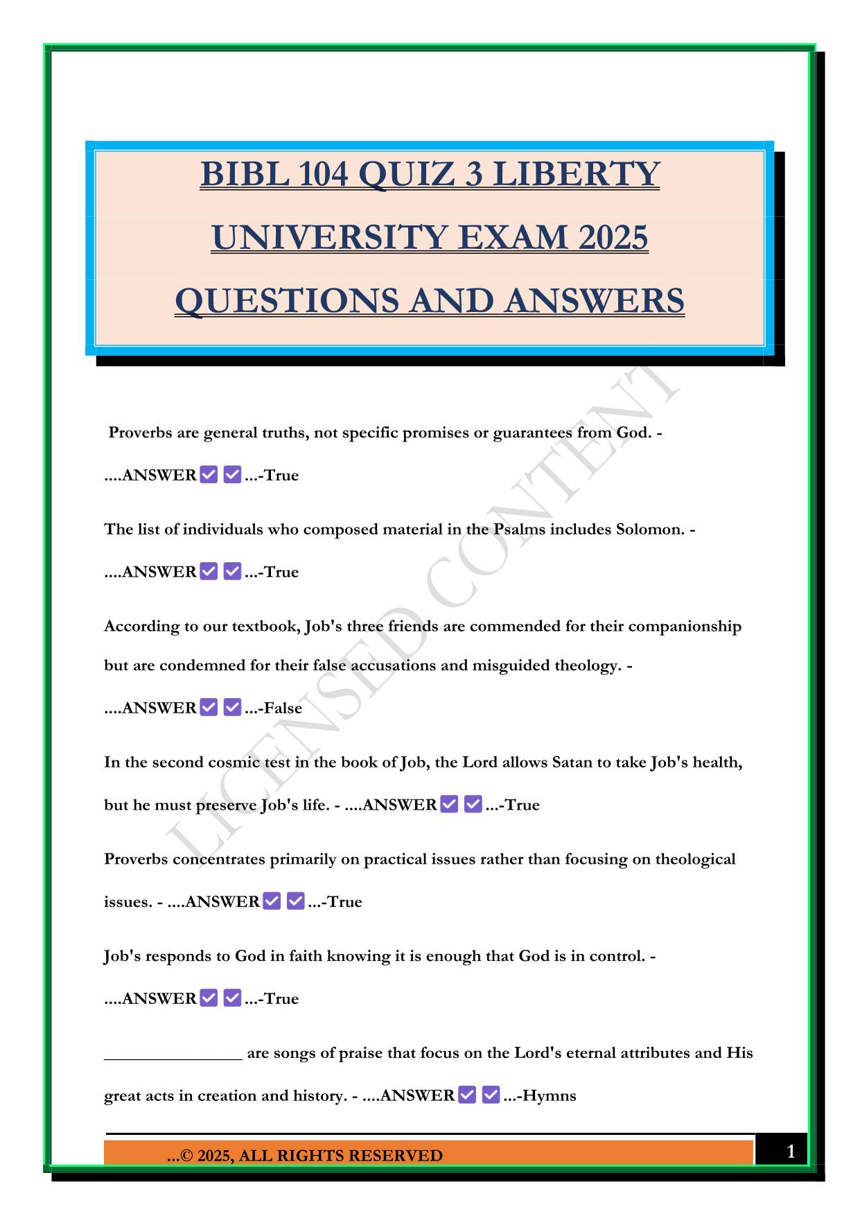 BIBL 104 QUIZ 3 LIBERTY UNIVERSITY EXAM 2025 QUESTIONS AND ANSWERS