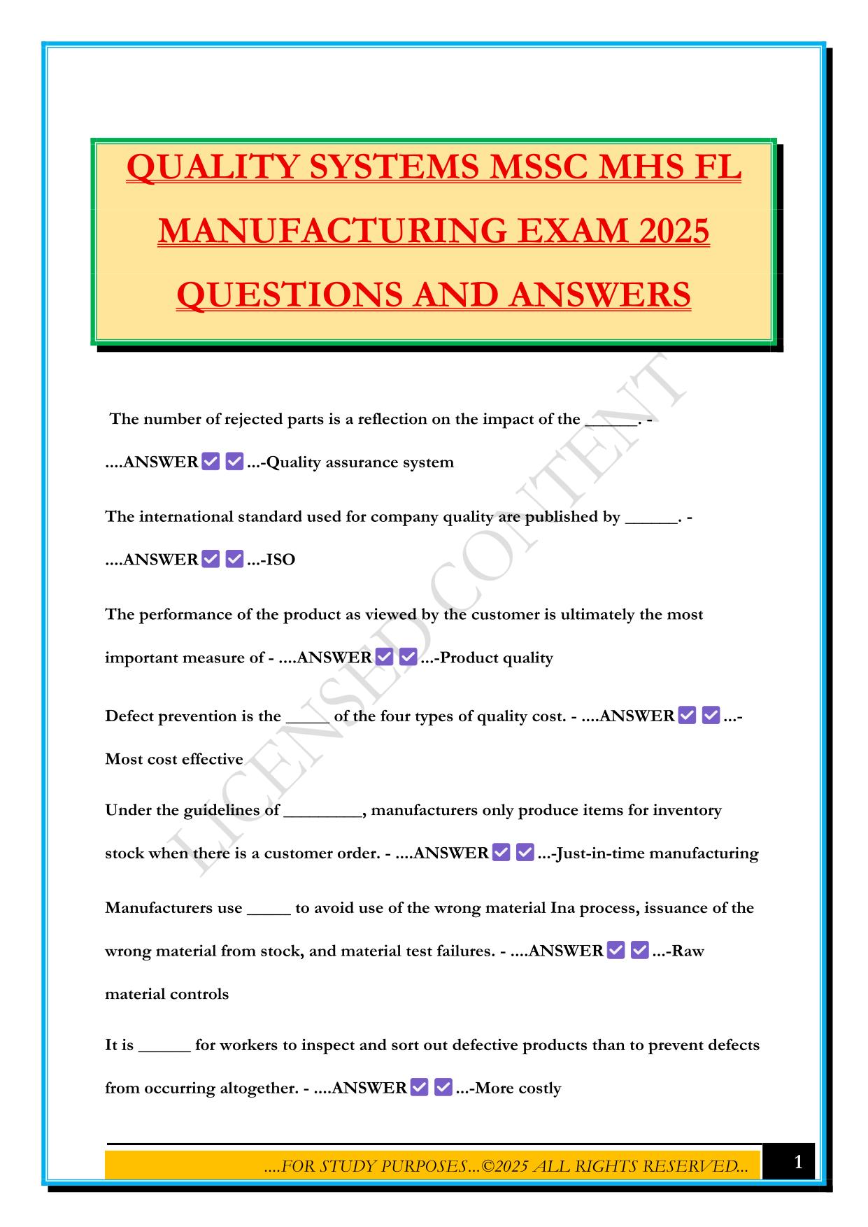 QUALITY SYSTEMS MSSC MHS FL MANUFACTURING EXAM 2025 QUESTIONS AND ANSWERS