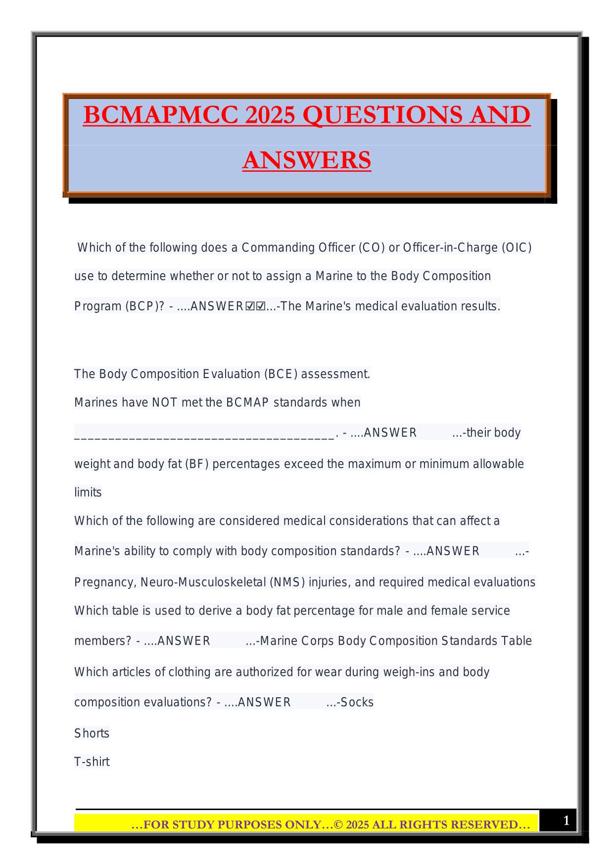 BCMAPMCC 2025 QUESTIONS AND ANSWERS