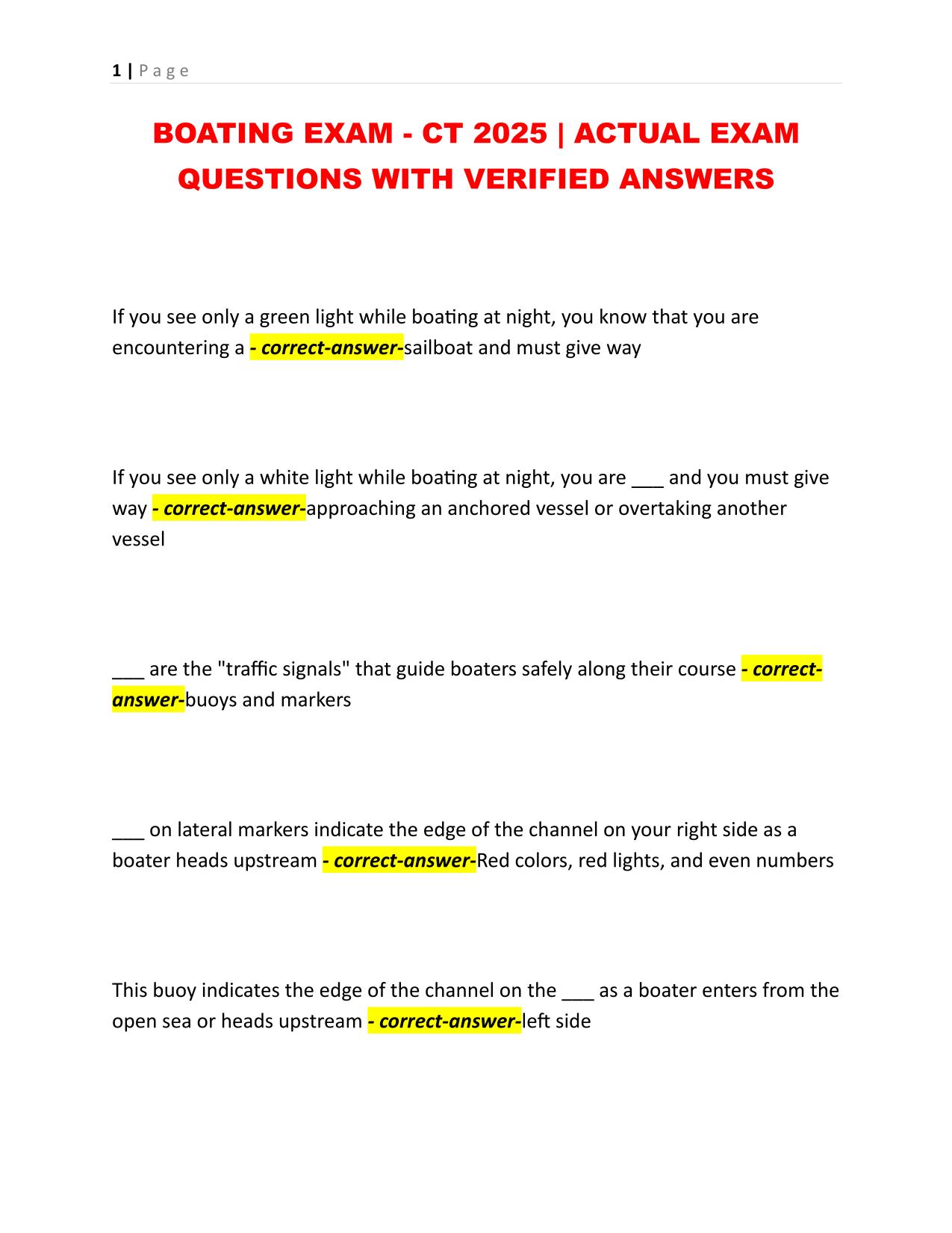 BOATING EXAM - CT 2025 | ACTUAL EXAM QUESTIONS WITH VERIFIED ANSWERS