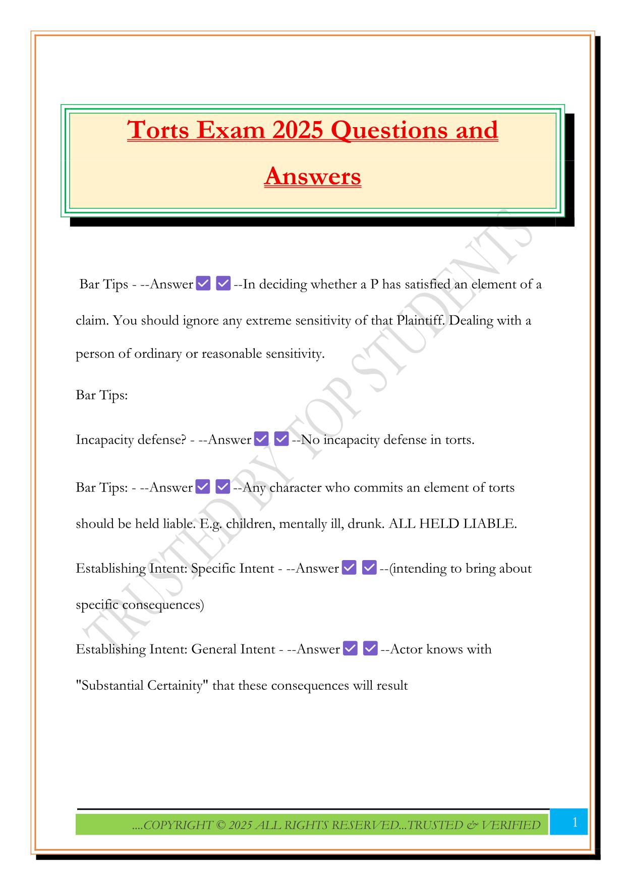 Torts Exam 2025 Questions and Answers
