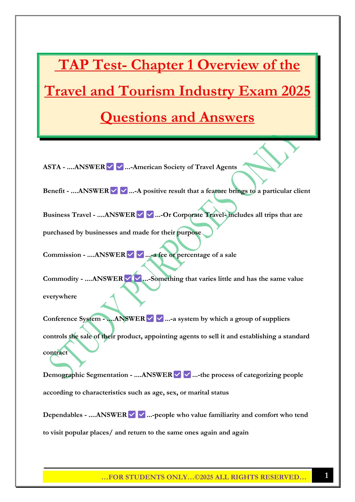 TAP Test- Chapter 1 Overview of the Travel and Tourism Industry Exam 2025 Questions and Answers