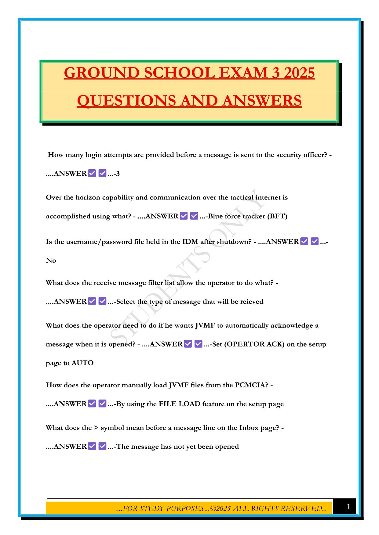 GROUND SCHOOL EXAM 3 2025 QUESTIONS AND ANSWERS