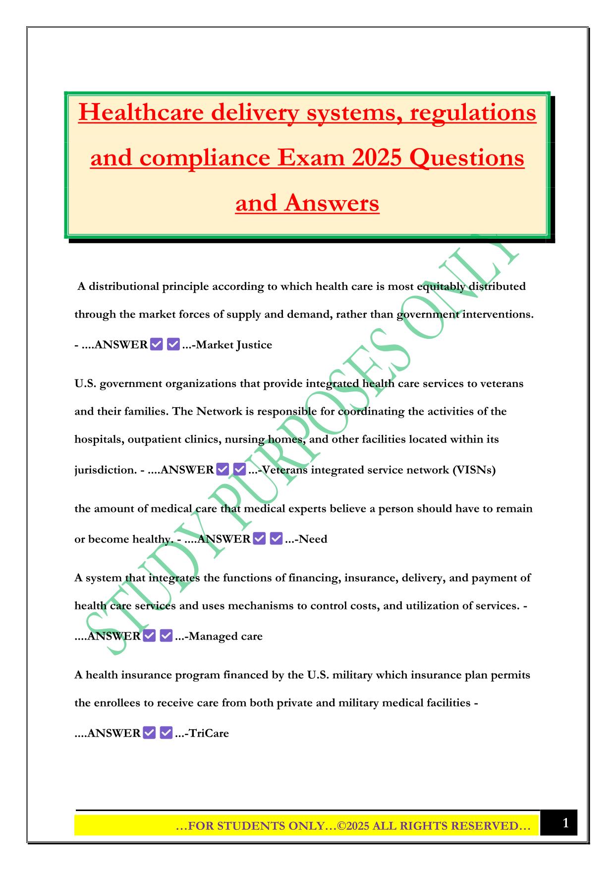 Healthcare delivery systems, regulations and compliance Exam 2025 Questions and Answers
