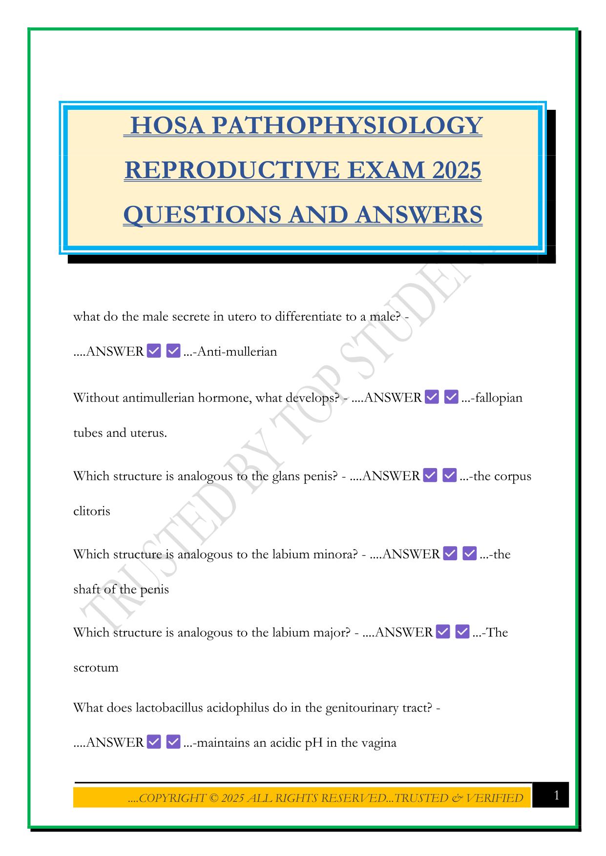 HOSA PATHOPHYSIOLOGY REPRODUCTIVE EXAM 2025 QUESTIONS AND ANSWERS