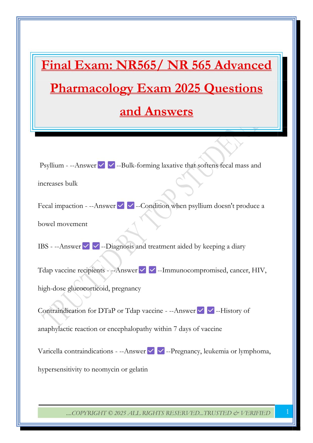 Final Exam: NR565/ NR 565 Advanced Pharmacology Exam 2025 Questions and Answers