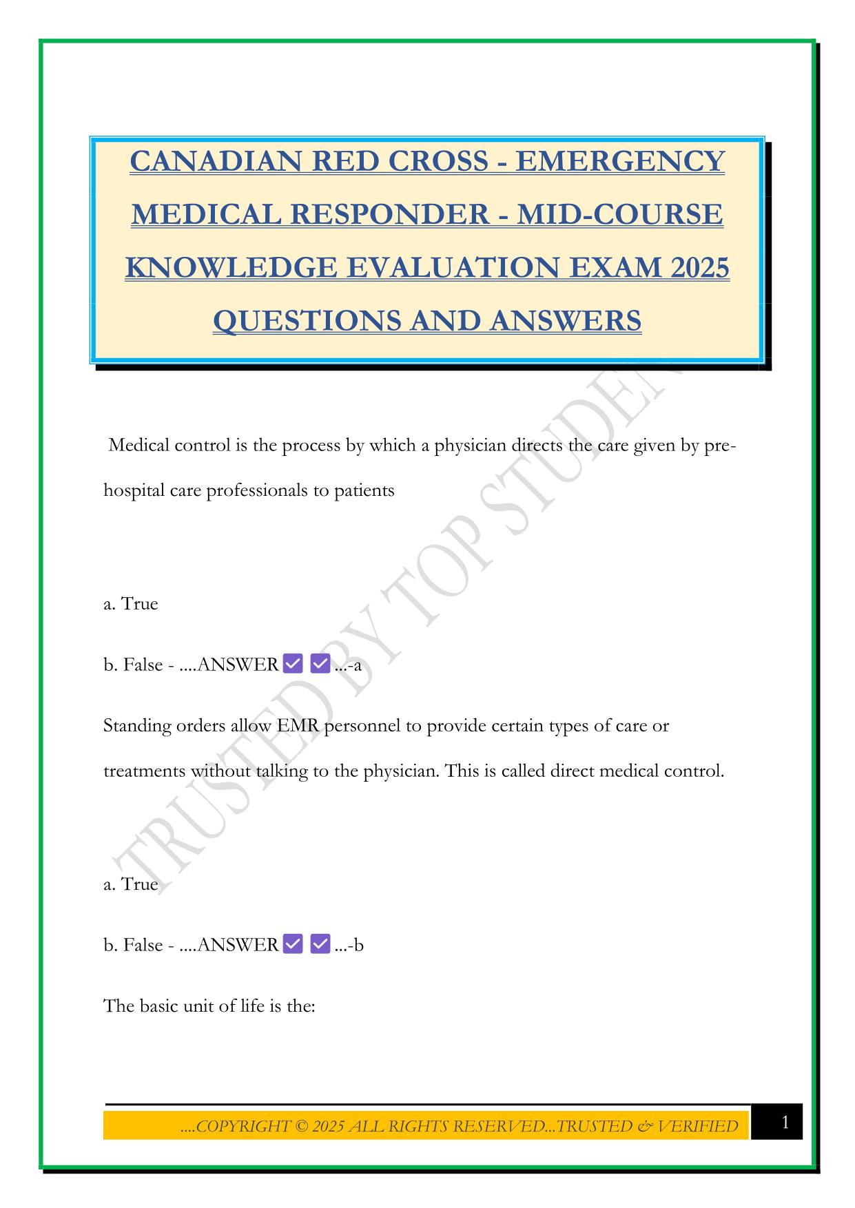 CANADIAN RED CROSS - EMERGENCY MEDICAL RESPONDER - MID-COURSE KNOWLEDGE EVALUATION EXAM 2025 QUESTIONS AND ANSWERS