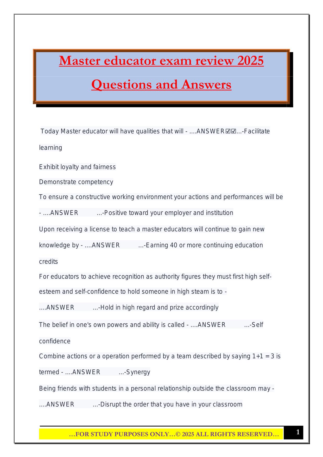 Master educator exam review 2025 Questions and Answers