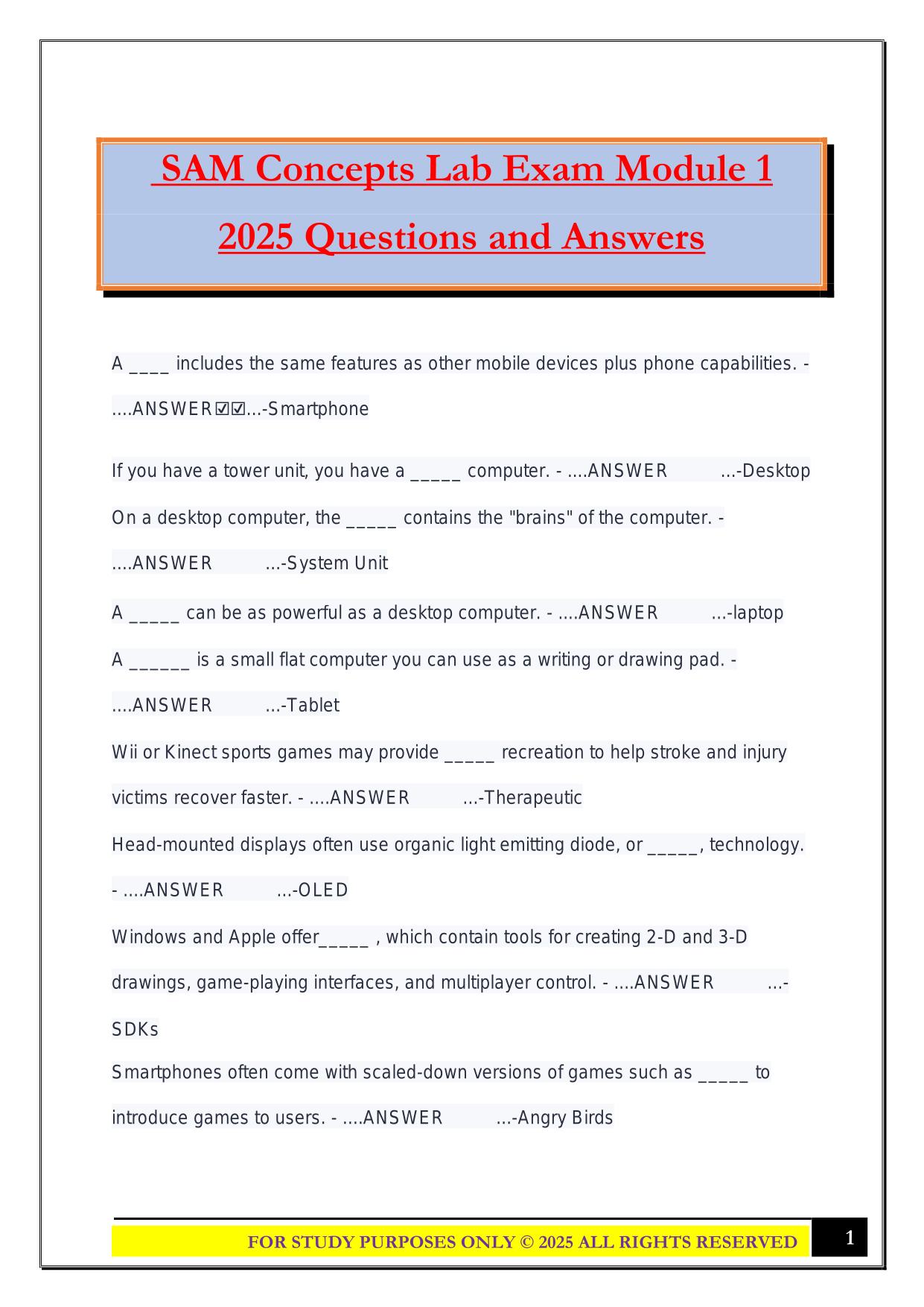 SAM Concepts Lab Exam Module 1 2025 Questions and Answers
