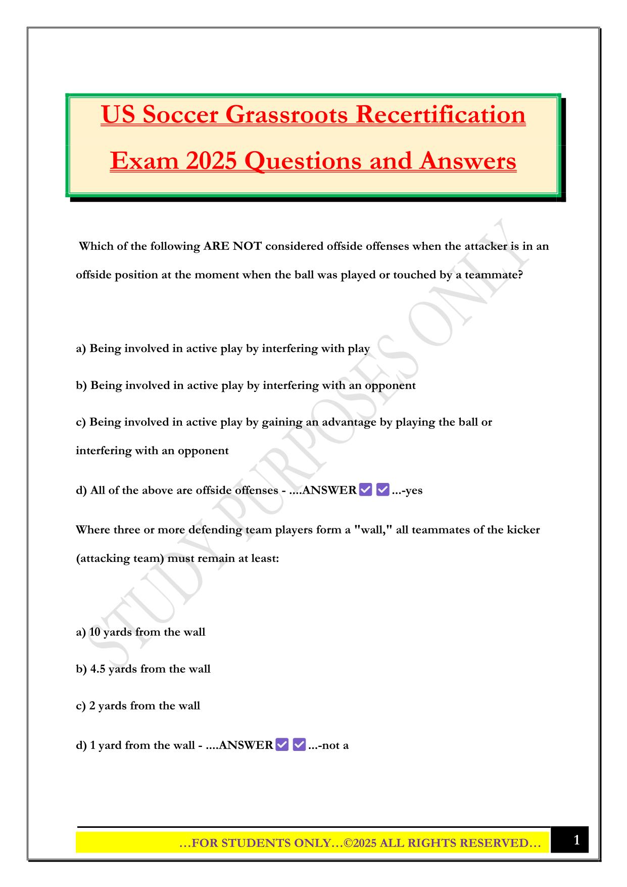 US Soccer Grassroots Recertification Exam 2025 Questions and Answers