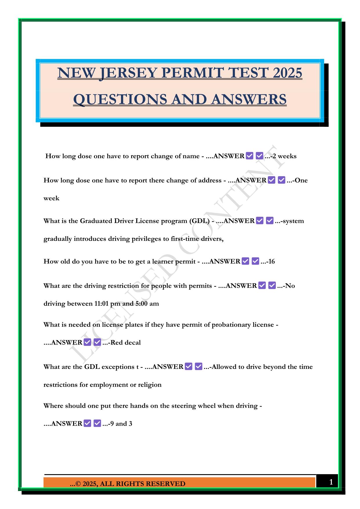 NEW JERSEY PERMIT TEST 2025 QUESTIONS AND ANSWERS