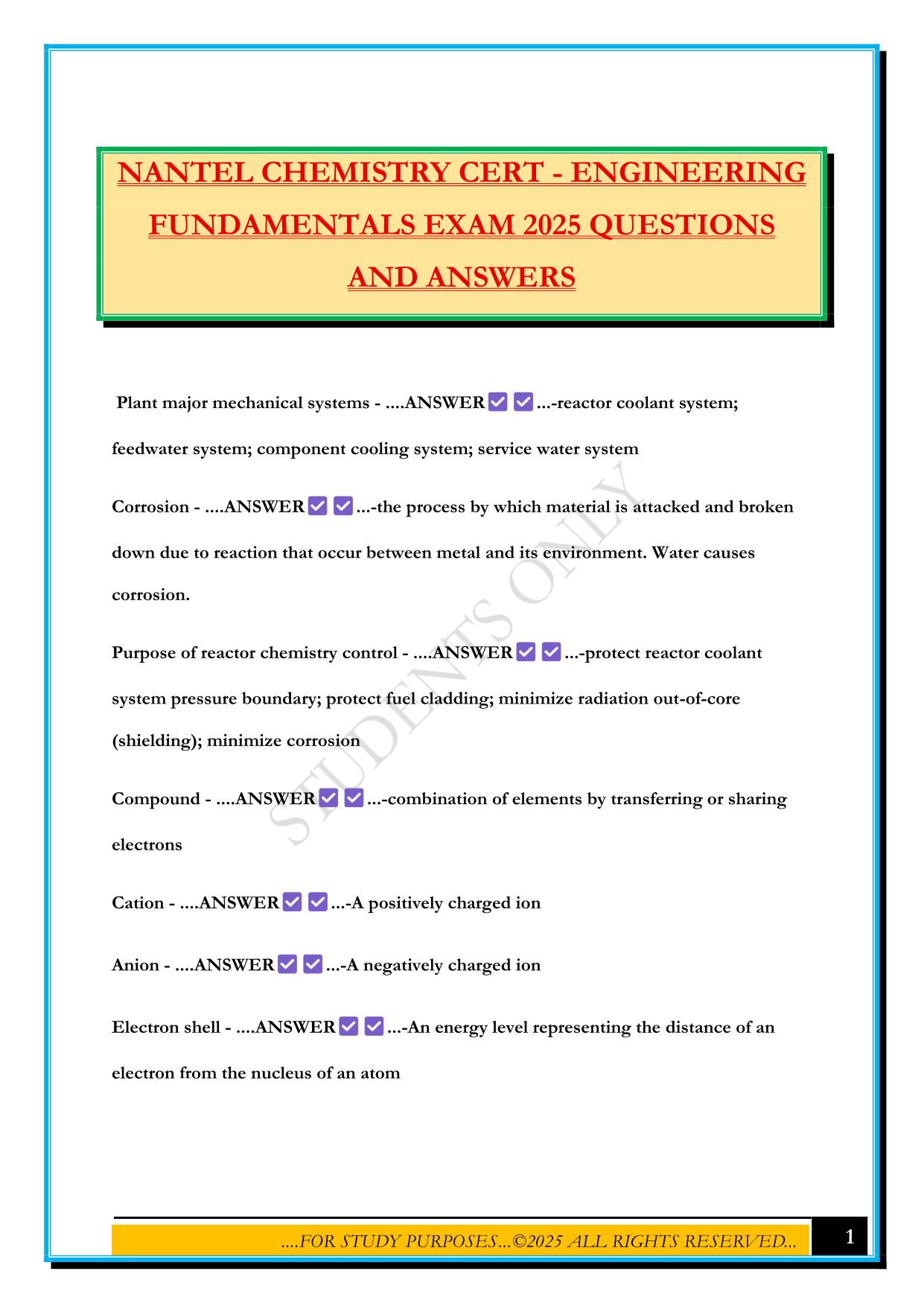 NANTEL CHEMISTRY CERT - ENGINEERING FUNDAMENTALS EXAM 2025 QUESTIONS AND ANSWERS