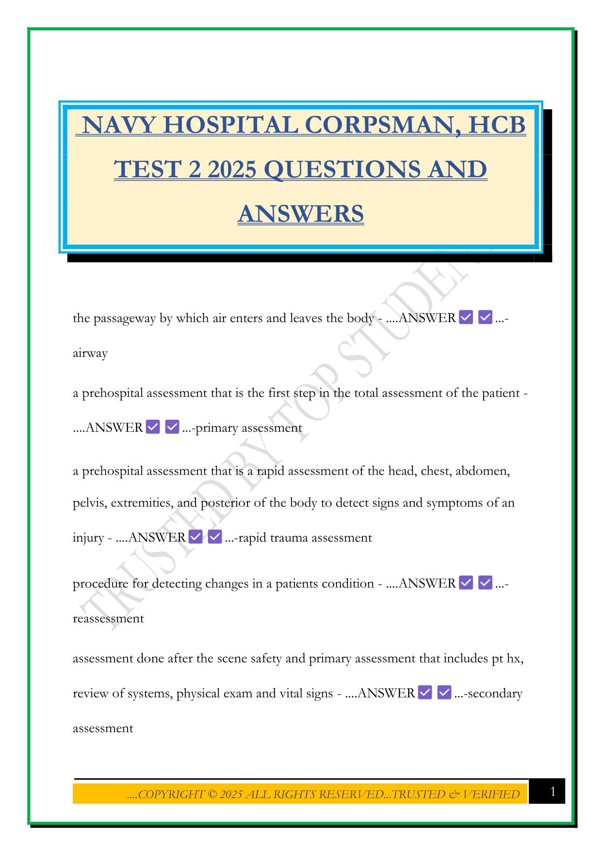 NAVY HOSPITAL CORPSMAN, HCB TEST 2 2025 QUESTIONS AND ANSWERS