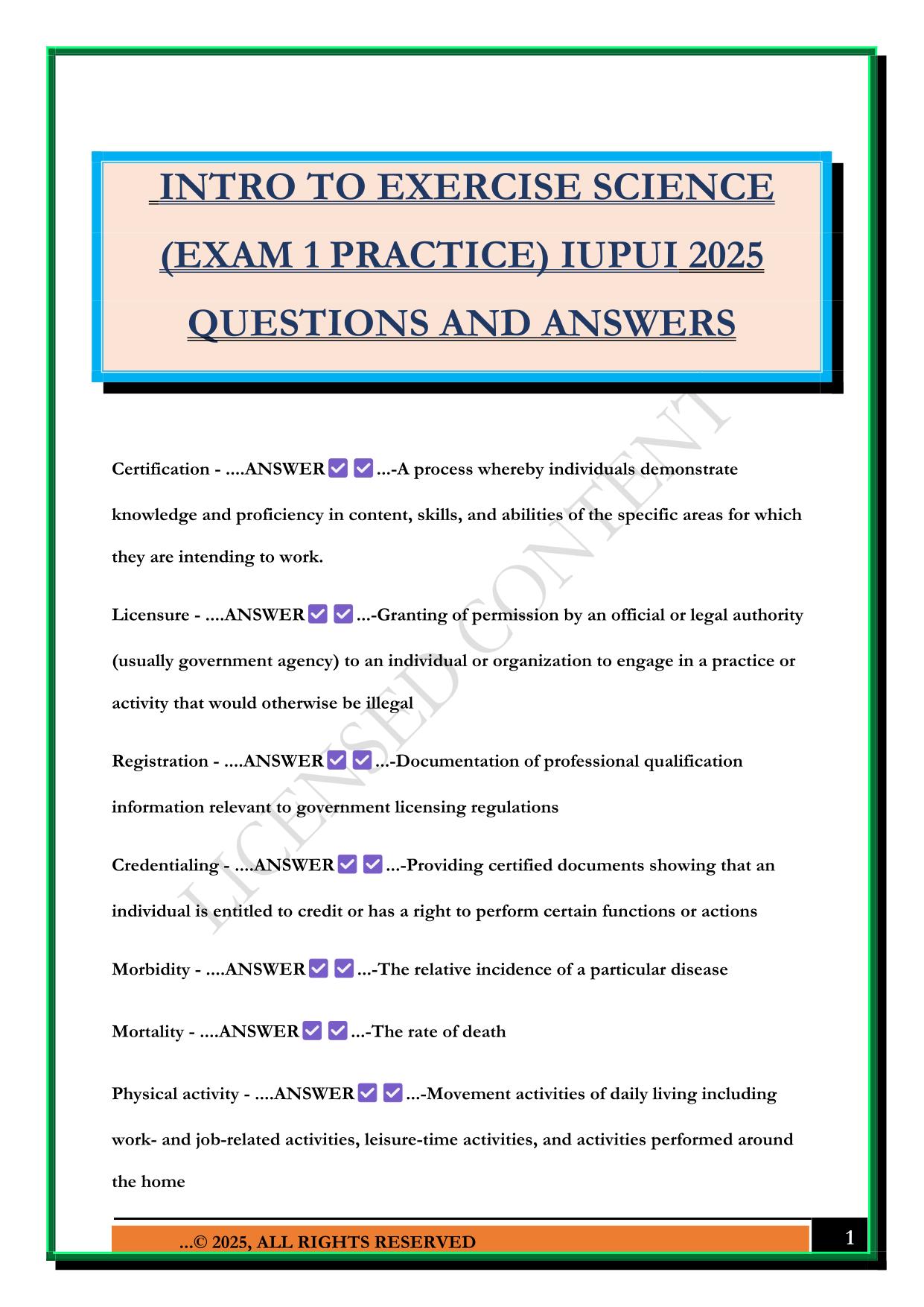 INTRO TO EXERCISE SCIENCE (EXAM 1 PRACTICE) IUPUI 2025 QUESTIONS AND ANSWERS