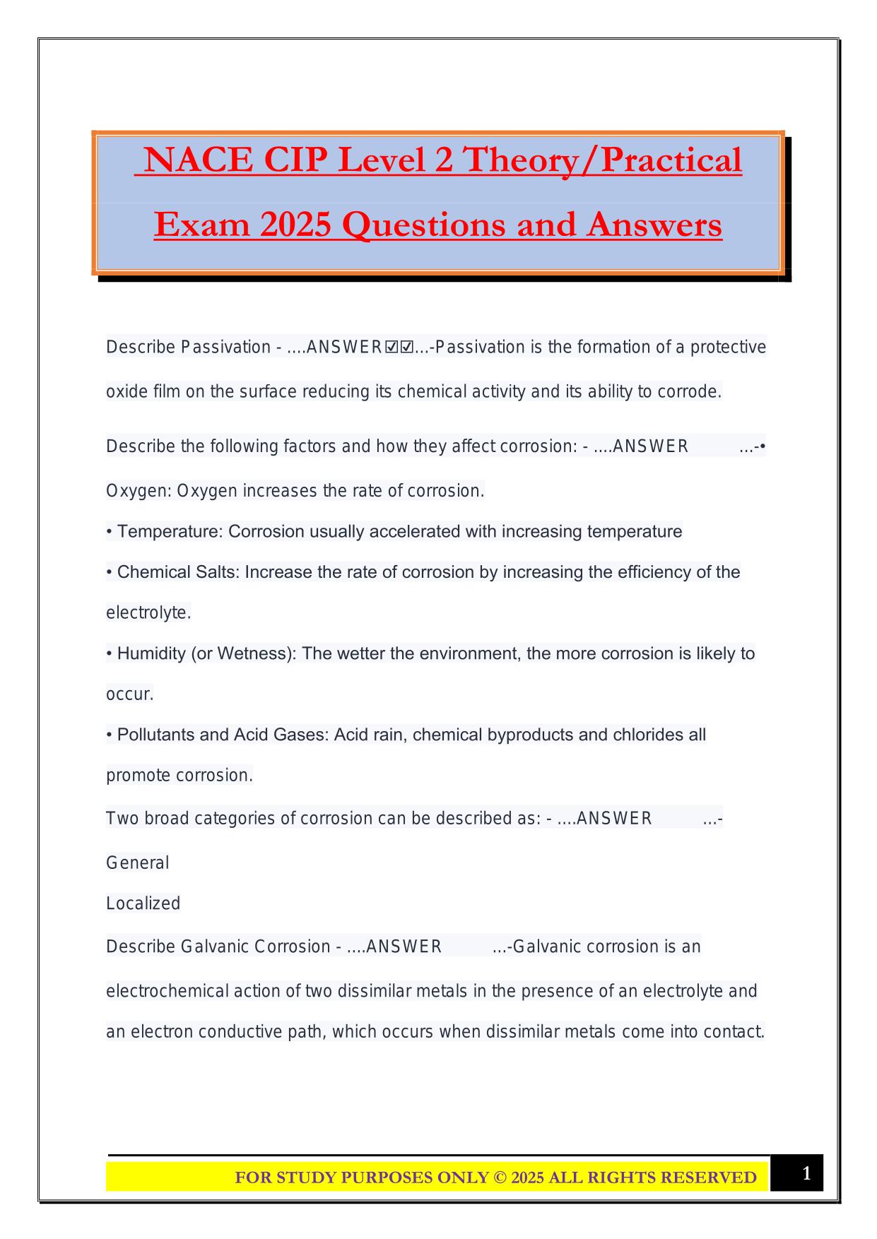 NACE CIP Level 2 Theory/Practical Exam 2025 Questions and Answers