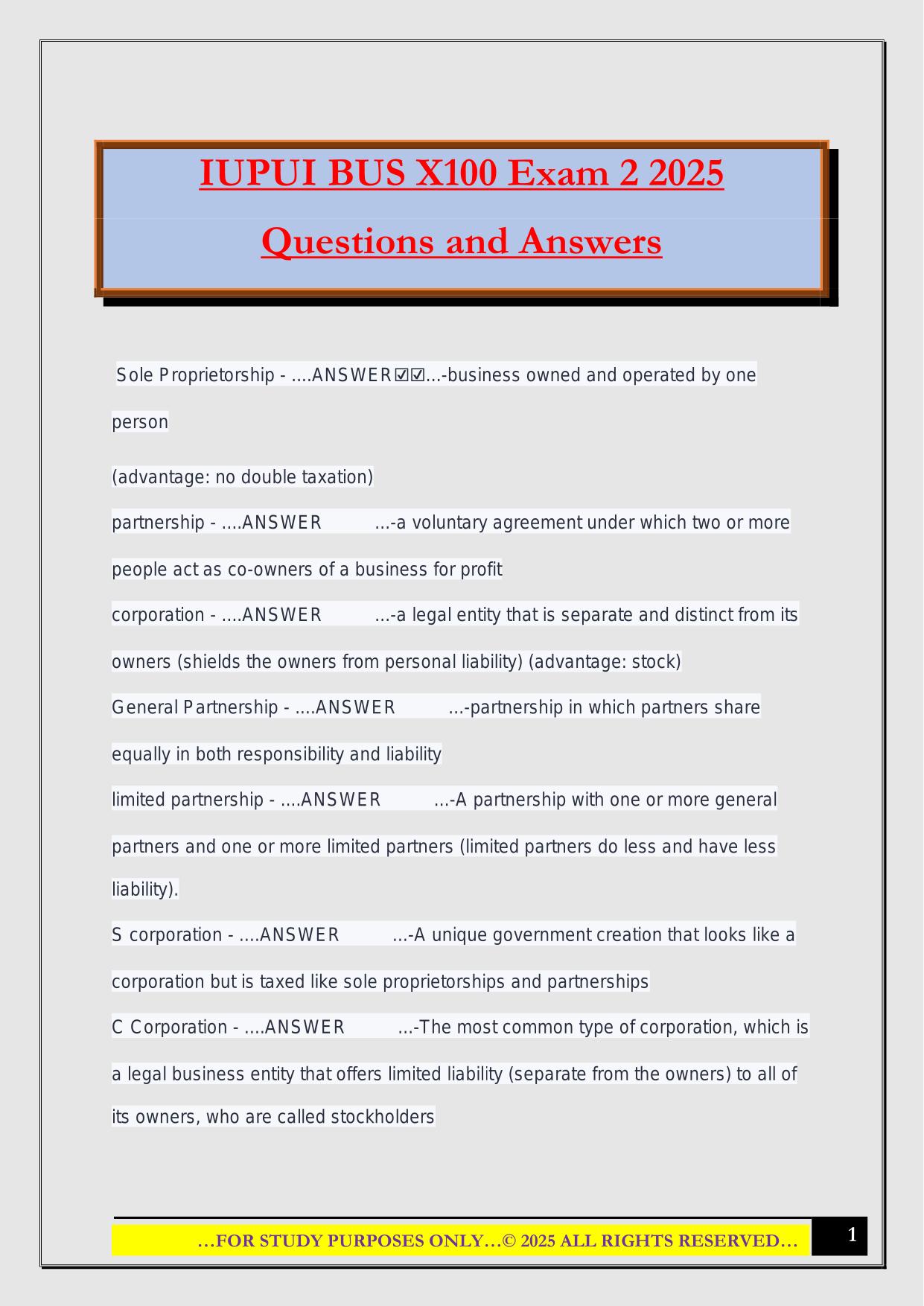 IUPUI BUS X100 Exam 2 2025 Questions and Answers