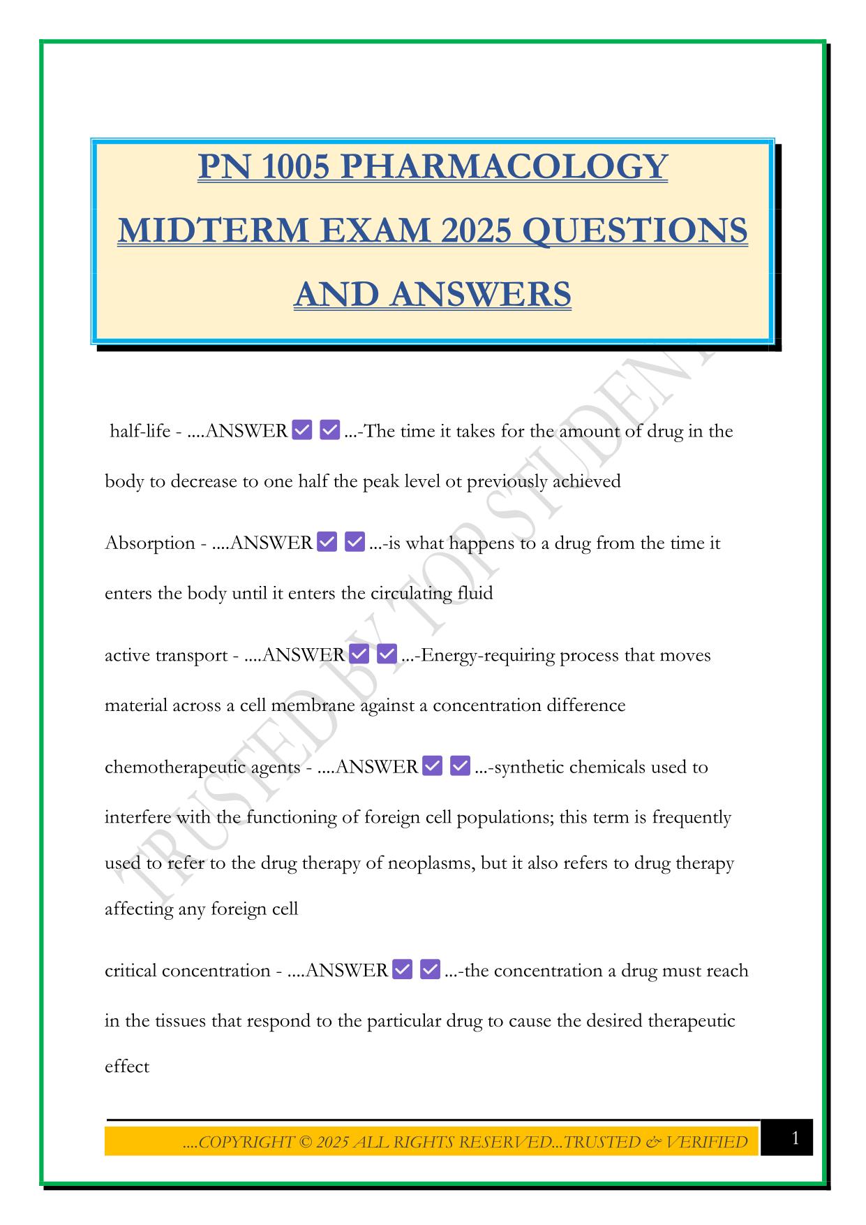 PN 1005 PHARMACOLOGY MIDTERM EXAM 2025 QUESTIONS AND ANSWERS
