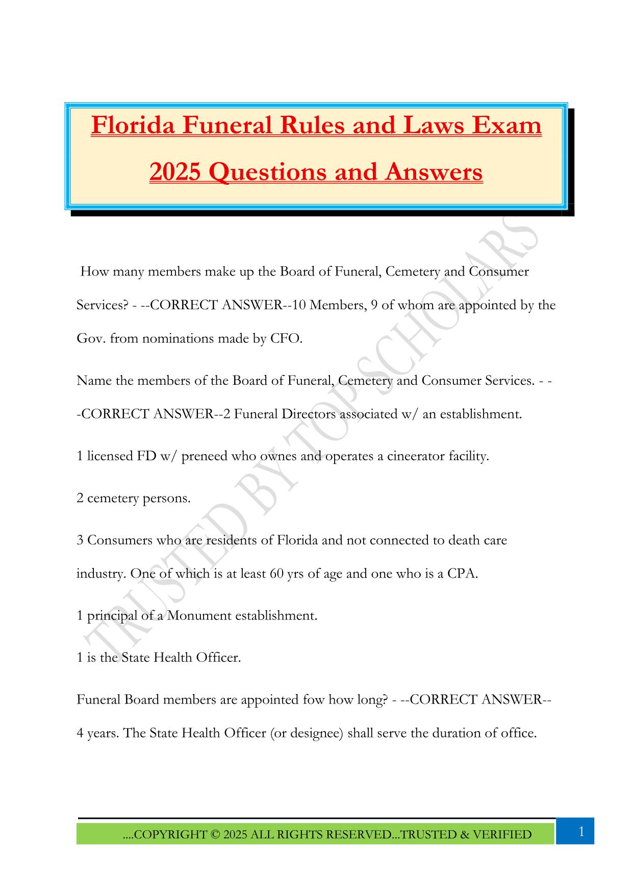 Florida Funeral Rules and Laws Exam 2025 Questions and Answers