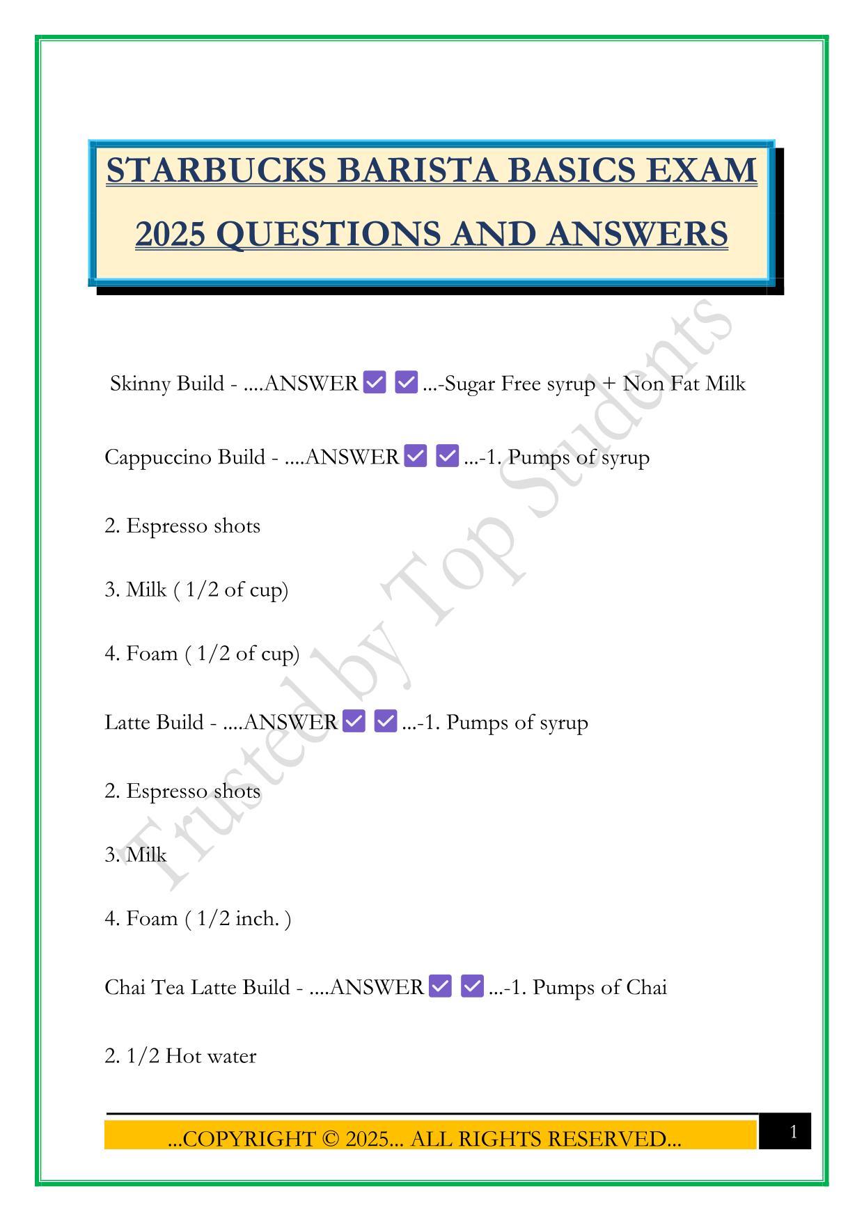 STARBUCKS BARISTA BASICS EXAM 2025 QUESTIONS AND ANSWERS