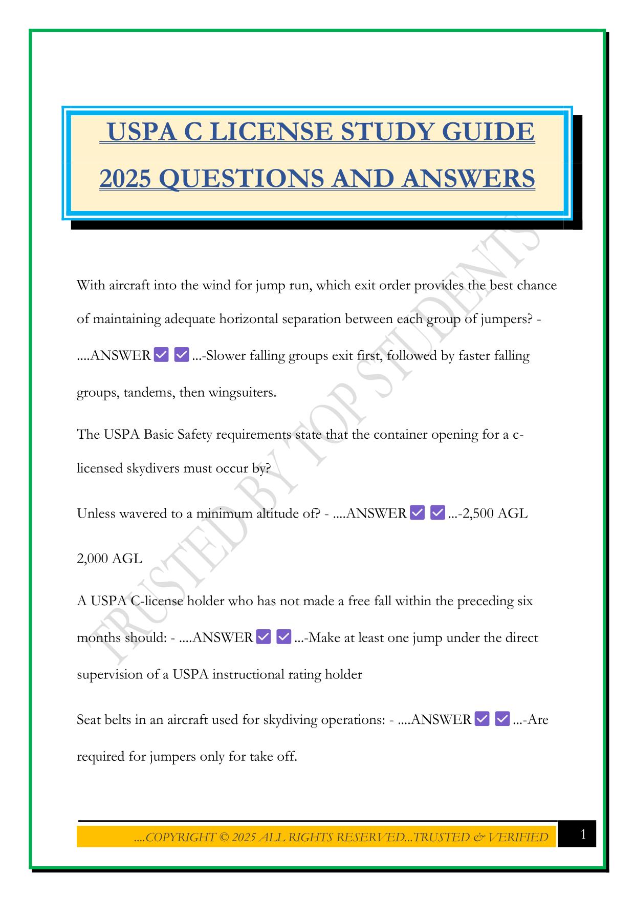 USPA C LICENSE STUDY GUIDE 2025 QUESTIONS AND ANSWERS