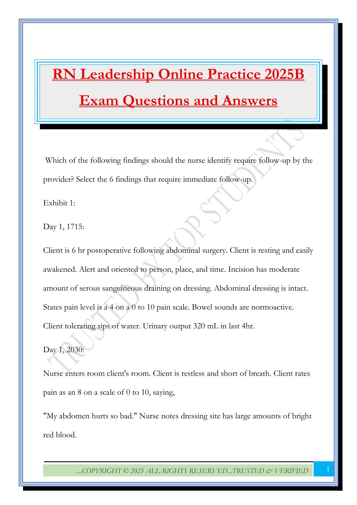 RN Leadership Online Practice 2025B Exam Questions and Answers
