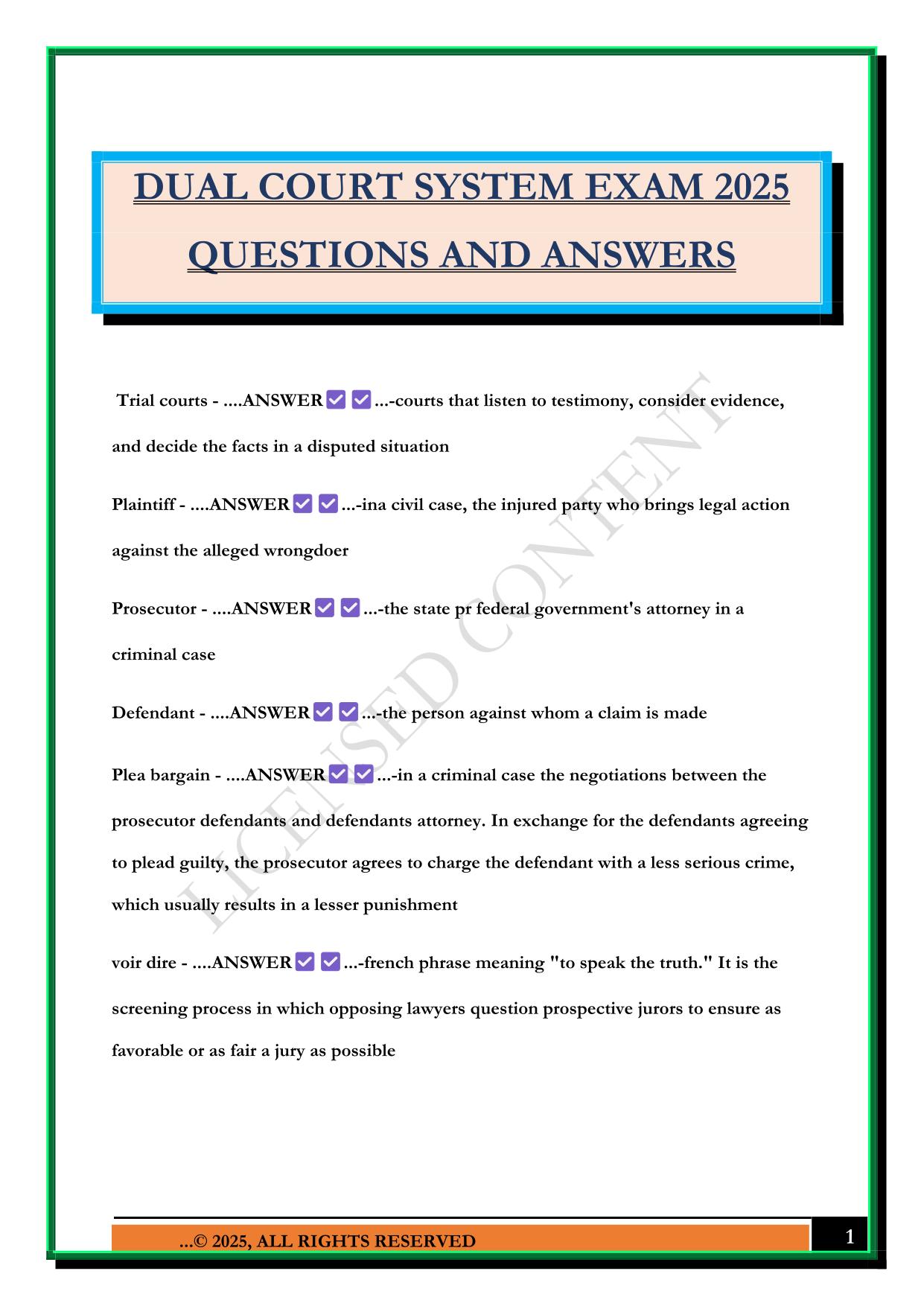 DUAL COURT SYSTEM EXAM 2025 QUESTIONS AND ANSWERS