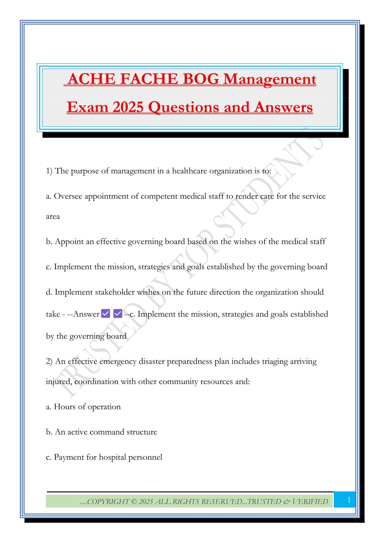 ACHE FACHE BOG Management Exam 2025 Questions and Answers