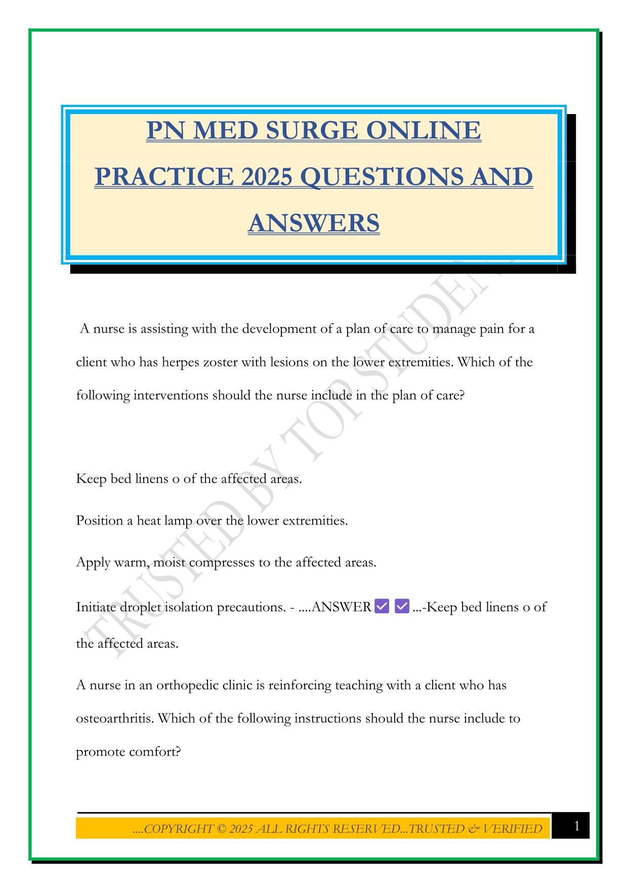 PN MED SURGE ONLINE PRACTICE 2025 QUESTIONS AND ANSWERS