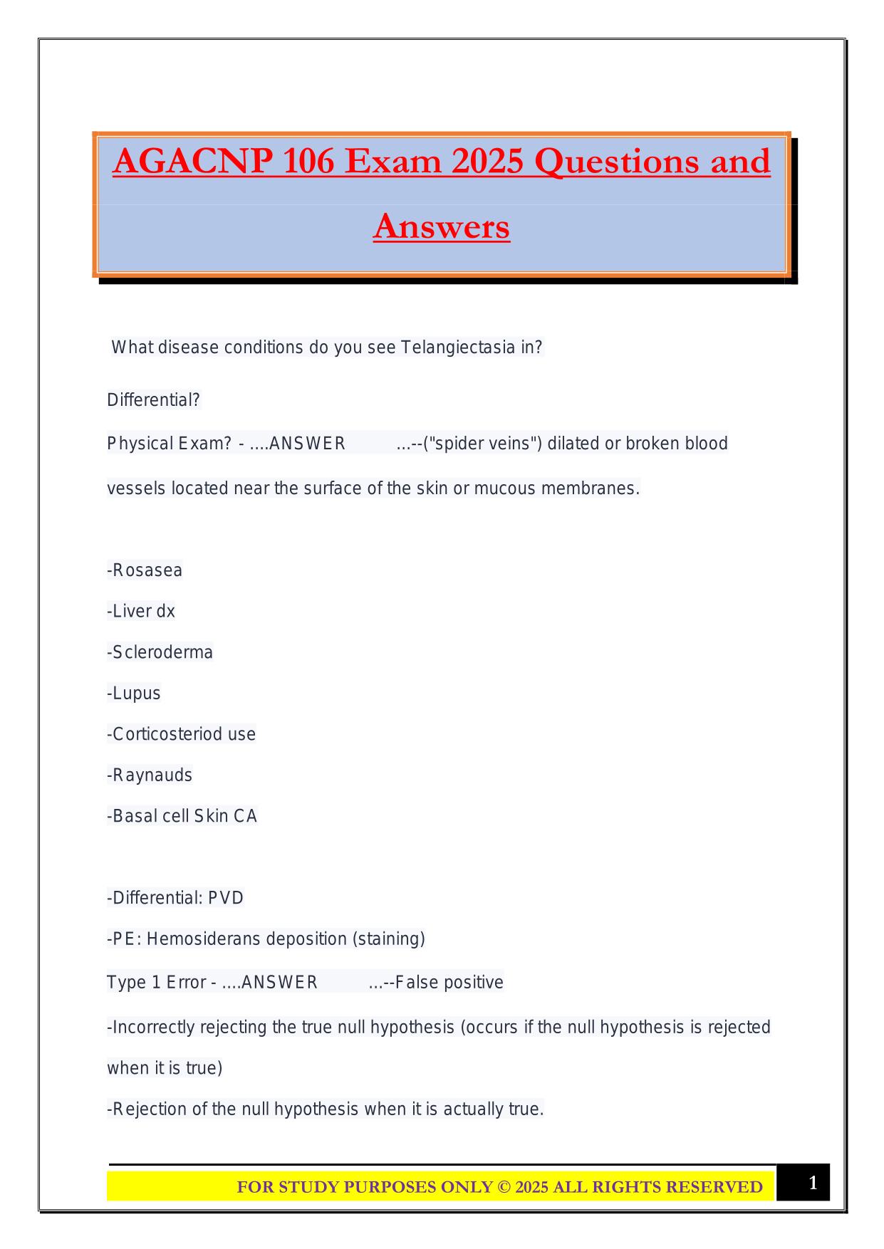 AGACNP 106 Exam 2025 Questions and Answers