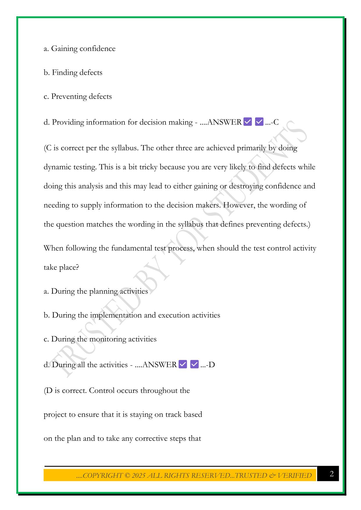 ISTQB FOUNDATION LEVEL EXAM 2025 QUESTIONS AND ANSWERS