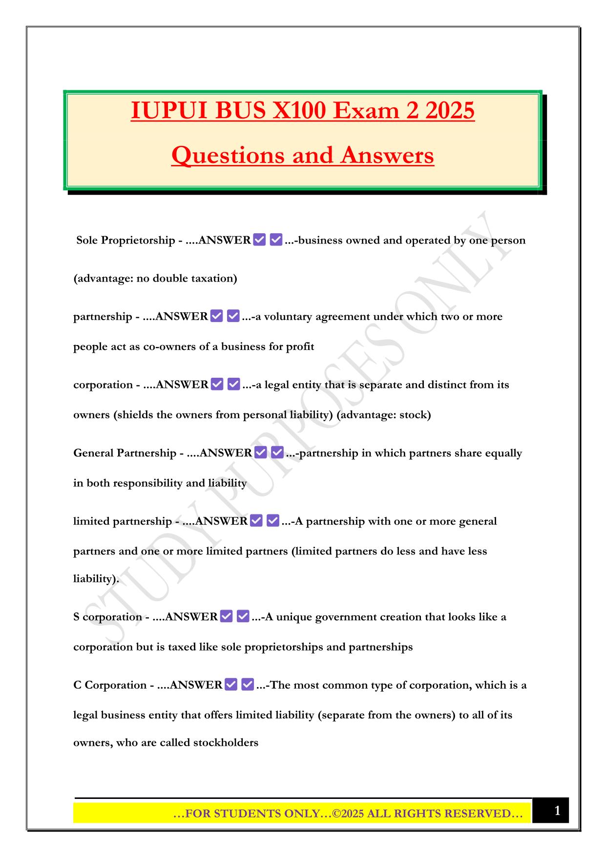 IUPUI BUS X100 Exam 2 2025 Questions and Answers