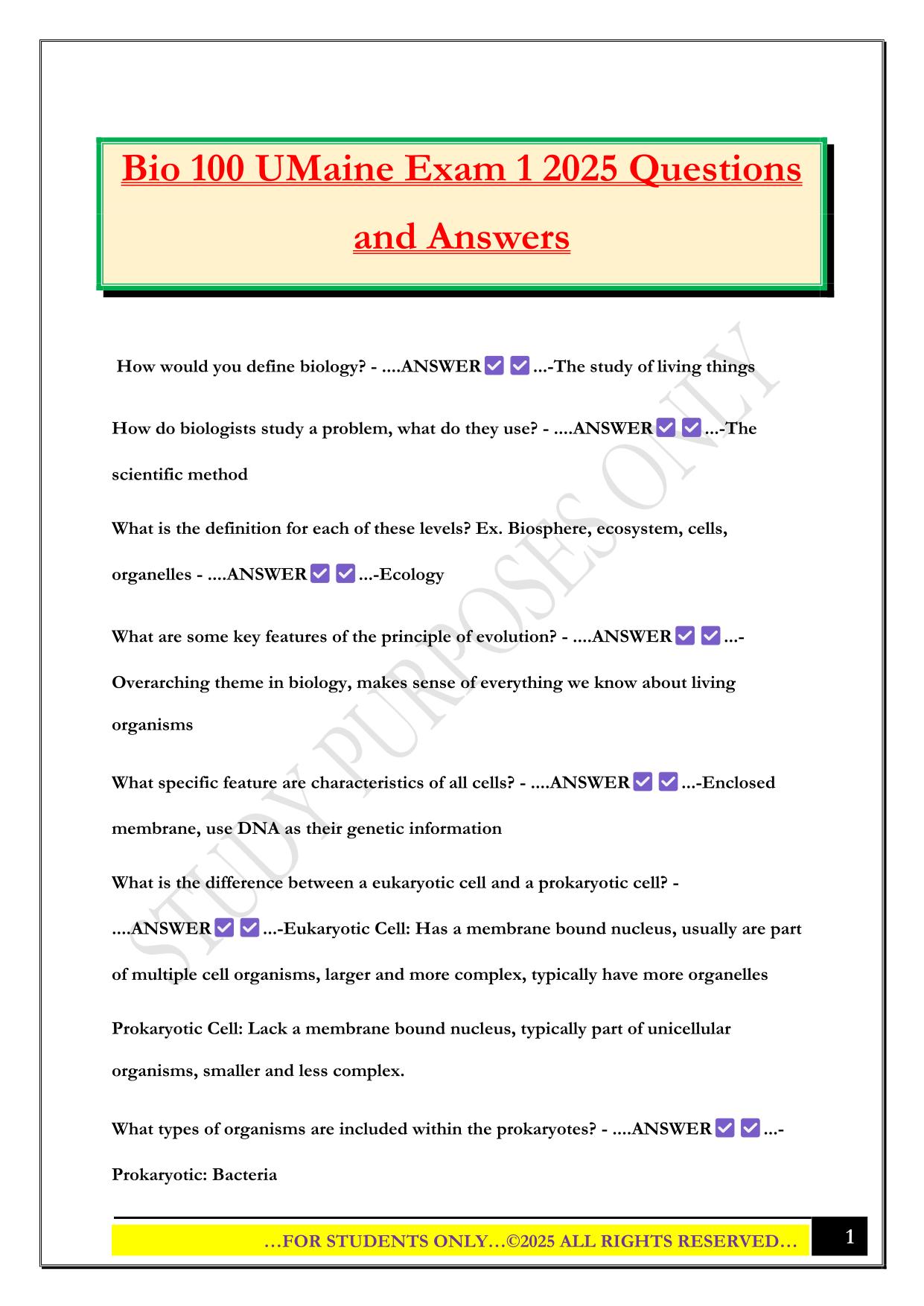 Bio 100 UMaine Exam 1 2025 Questions and Answers