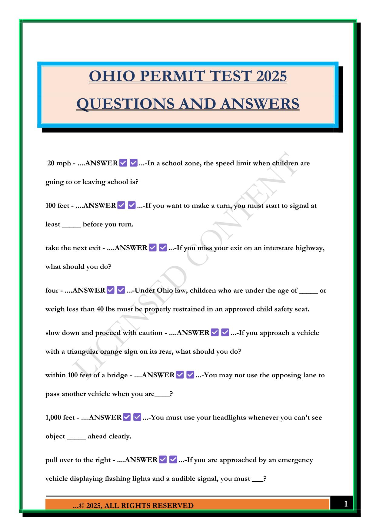 OHIO PERMIT TEST 2025 QUESTIONS AND ANSWERS