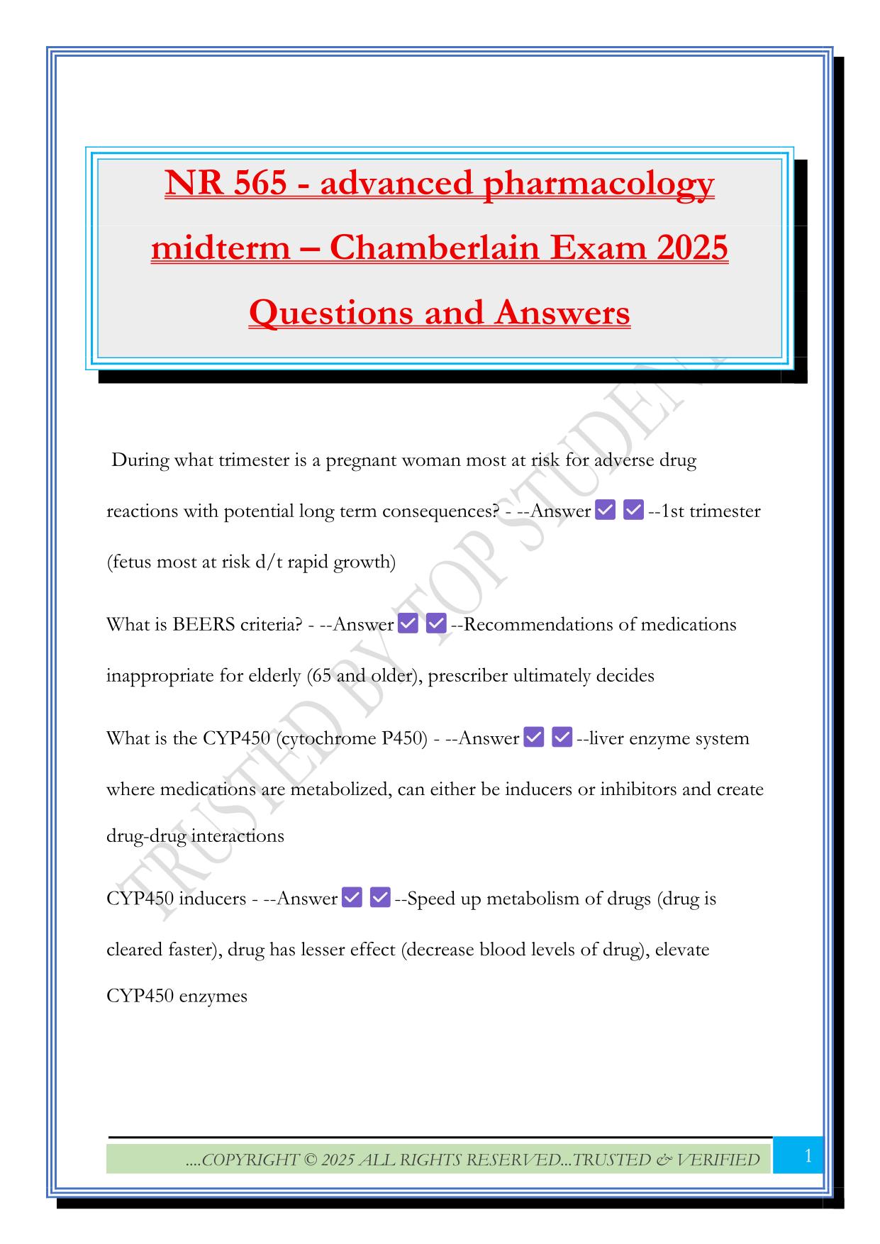 NR 565 - advanced pharmacology midterm – Chamberlain Exam 2025 Questions and Answers