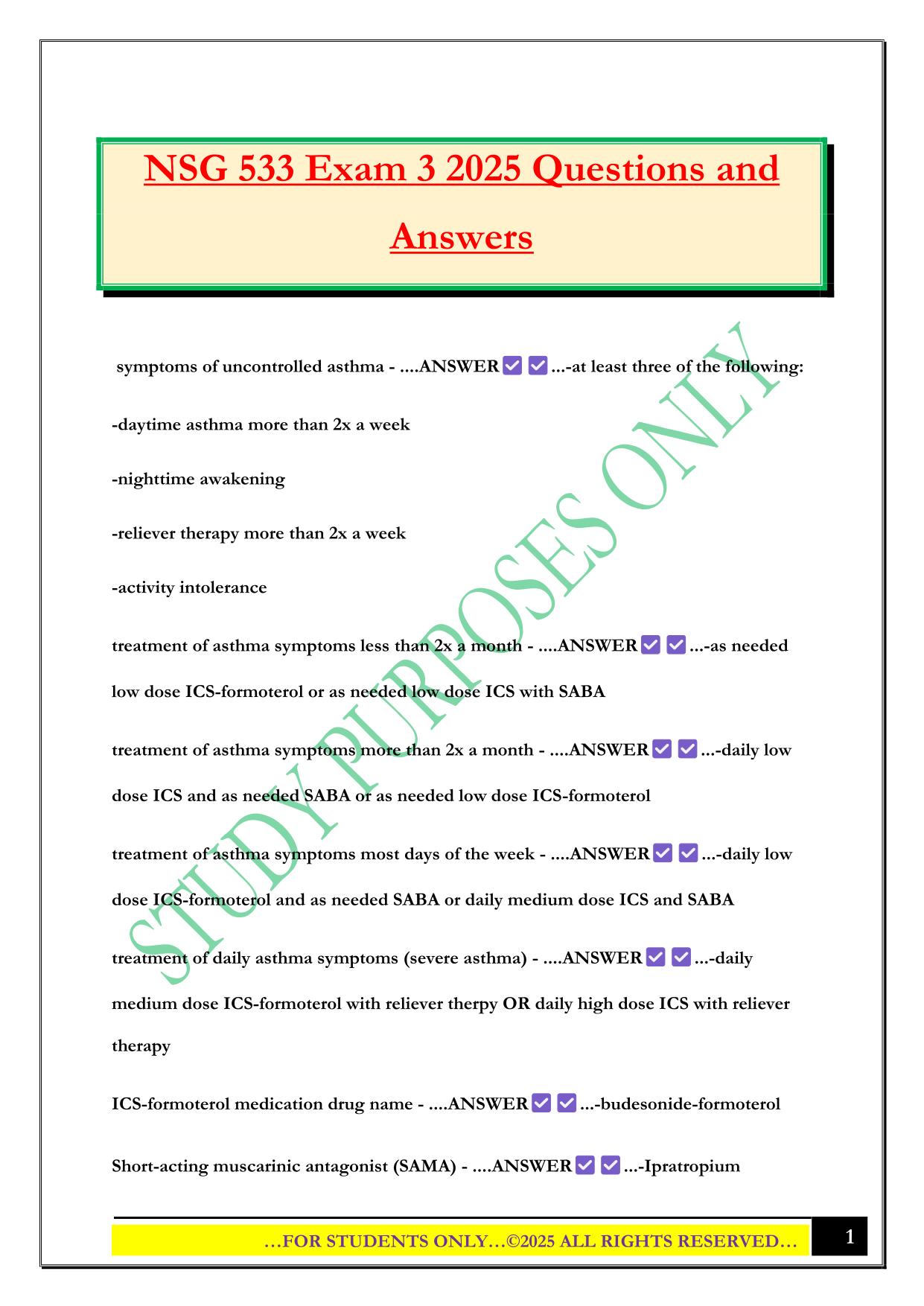NSG 533 Exam 3 2025 Questions and Answers