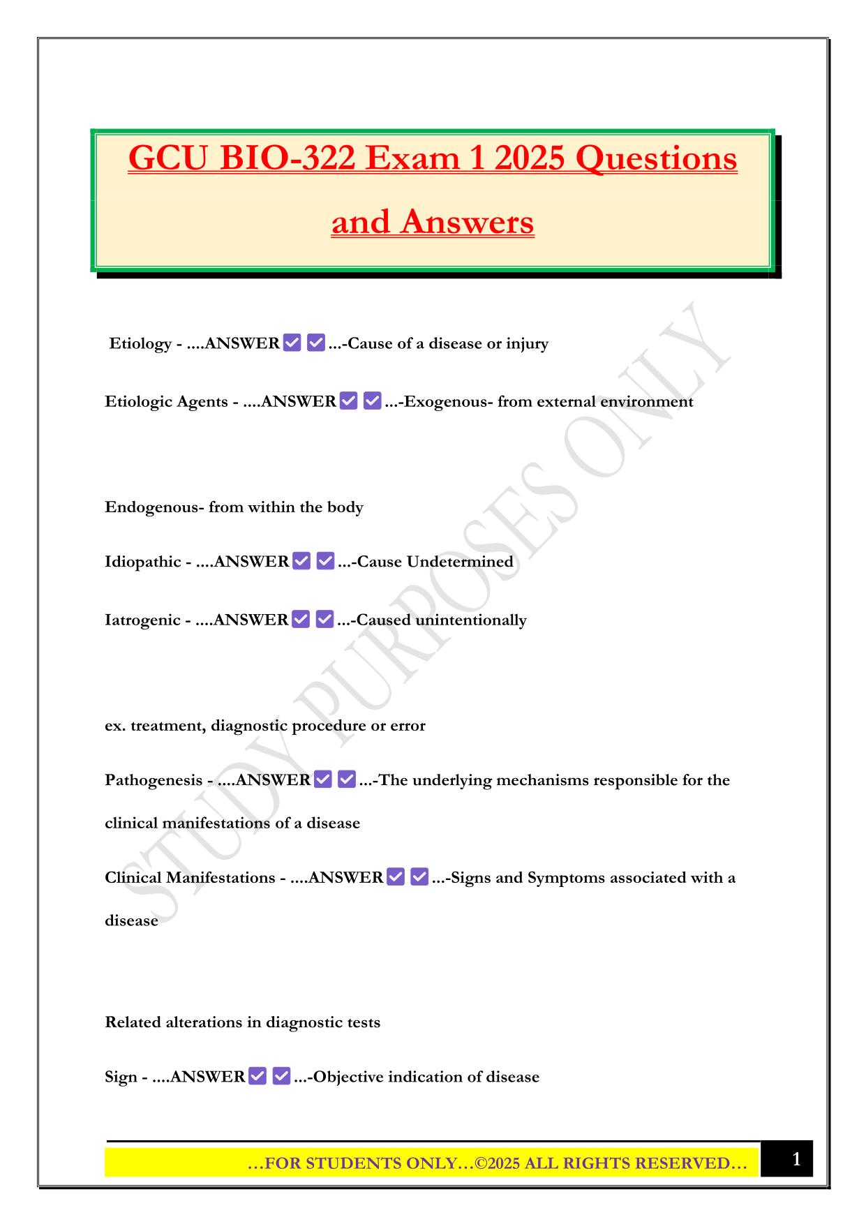 GCU BIO-322 Exam 1 2025 Questions and Answers
