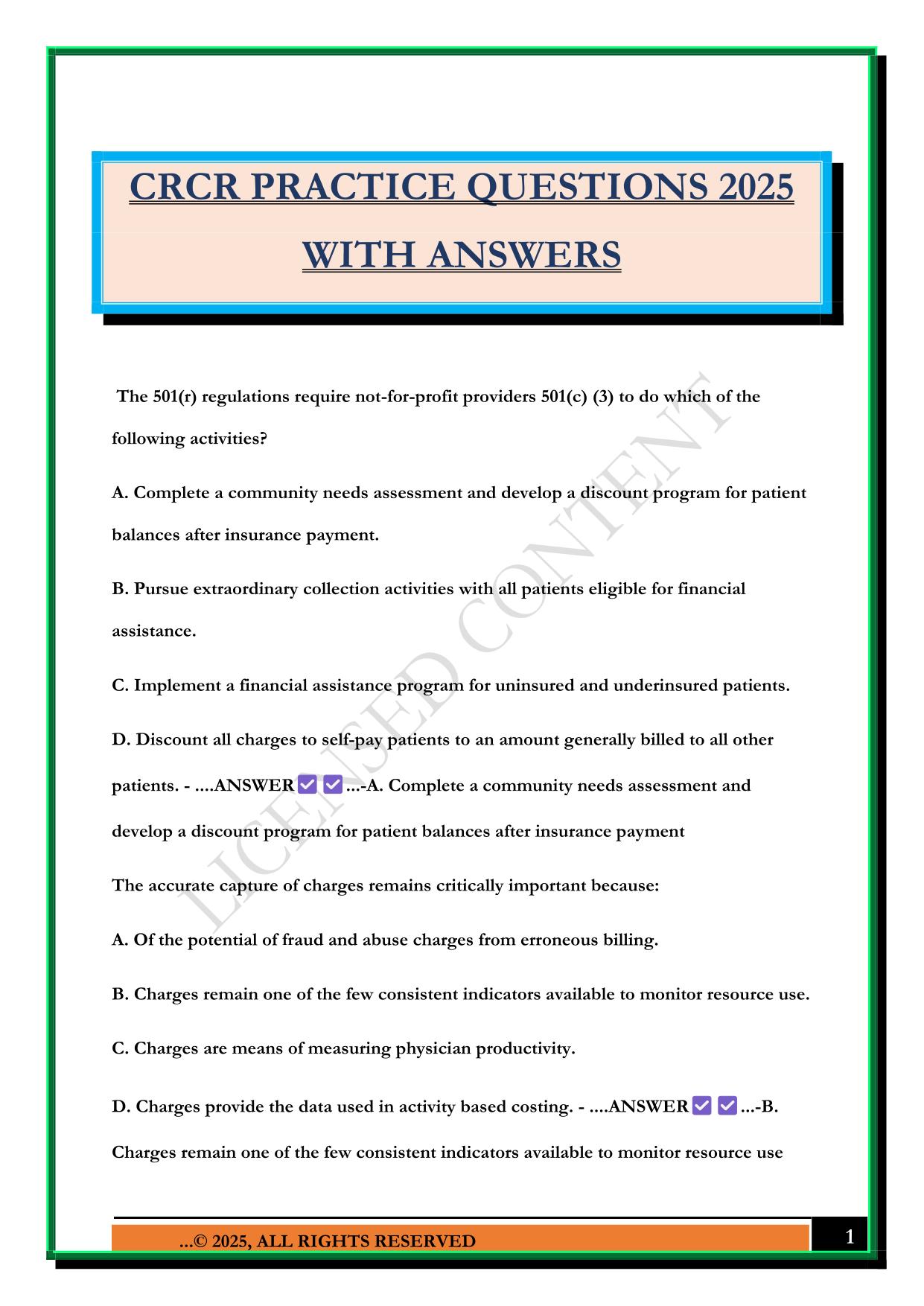 CRCR PRACTICE QUESTIONS 2025 WITH ANSWERS