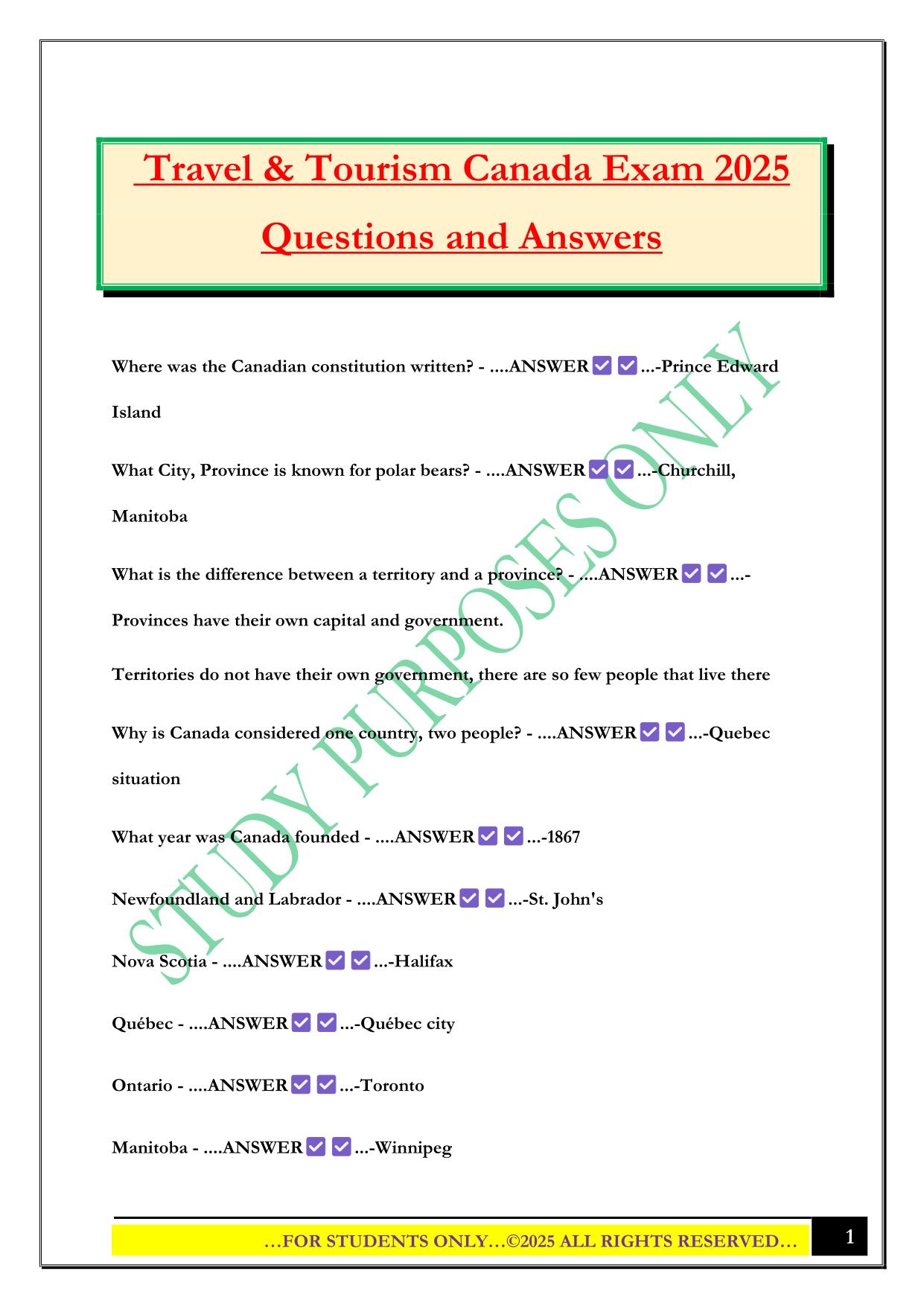 Travel and Tourism Bundled Exams 2025/2026 |Questions and Answers |100% Pass