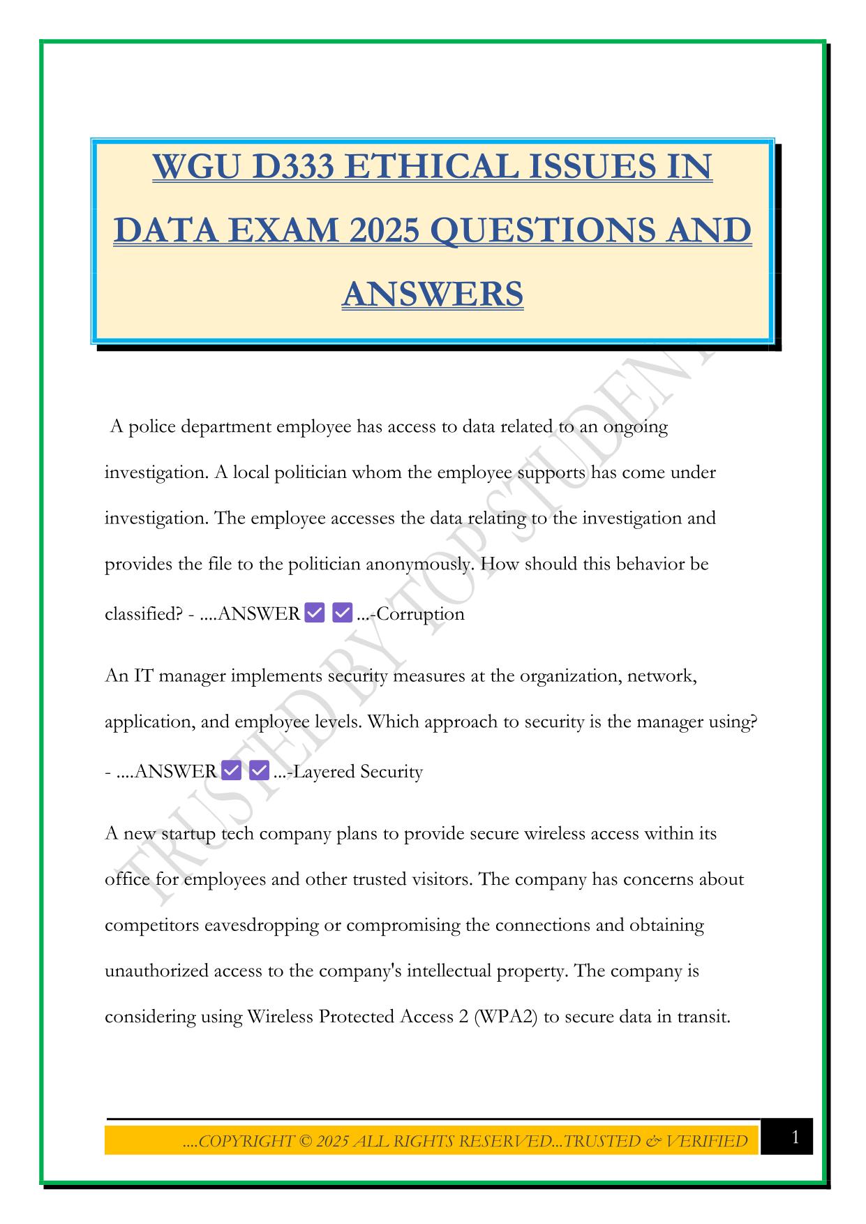 WGU D333 ETHICAL ISSUES IN DATA EXAM 2025 QUESTIONS AND ANSWERS