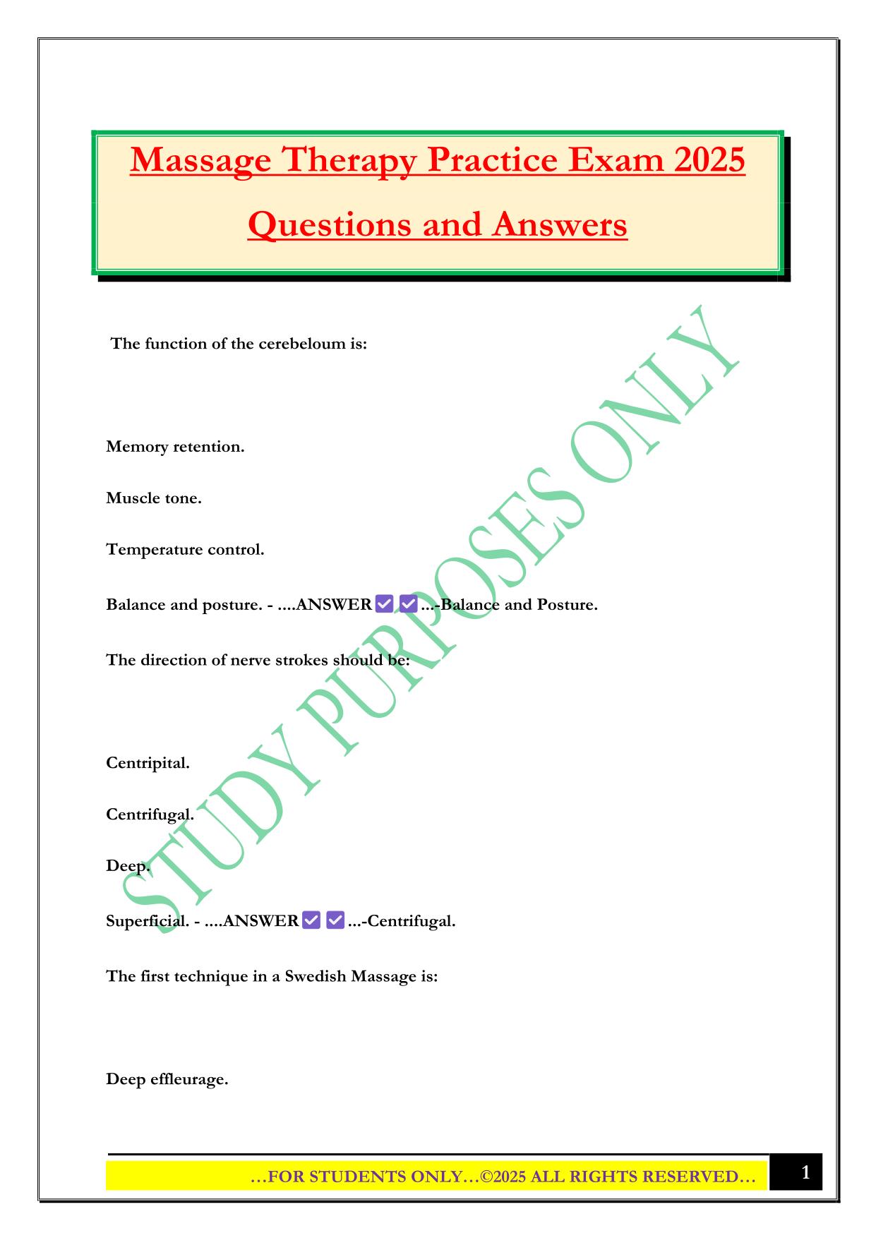 Massage Therapy Practice Exam 2025 Questions and Answers