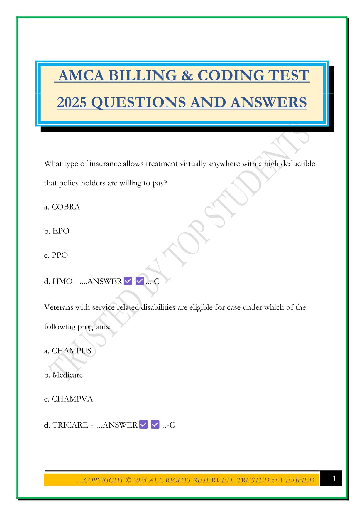 AMCA BILLING & CODING TEST 2025 QUESTIONS AND ANSWERS