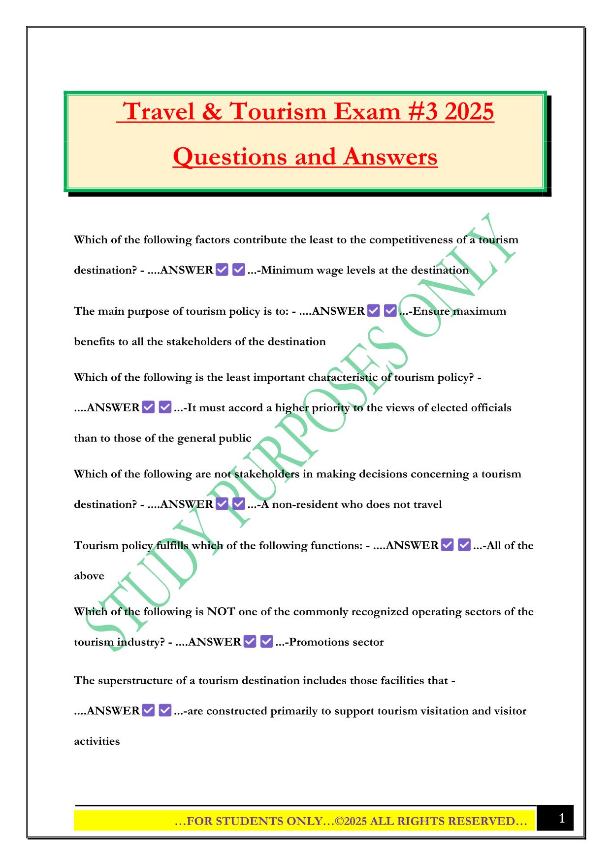Travel & Tourism Exam #3 2025 Questions and Answers