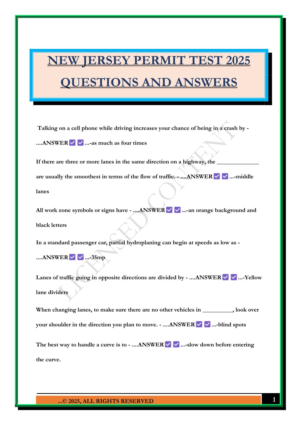 NEW JERSEY PERMIT TEST 2025 QUESTIONS AND ANSWERS