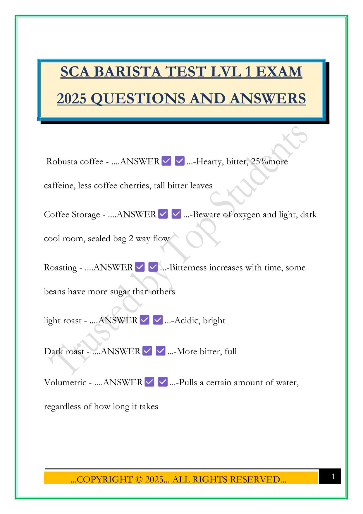 SCA BARISTA TEST LVL 1 EXAM 2025 QUESTIONS AND ANSWERS