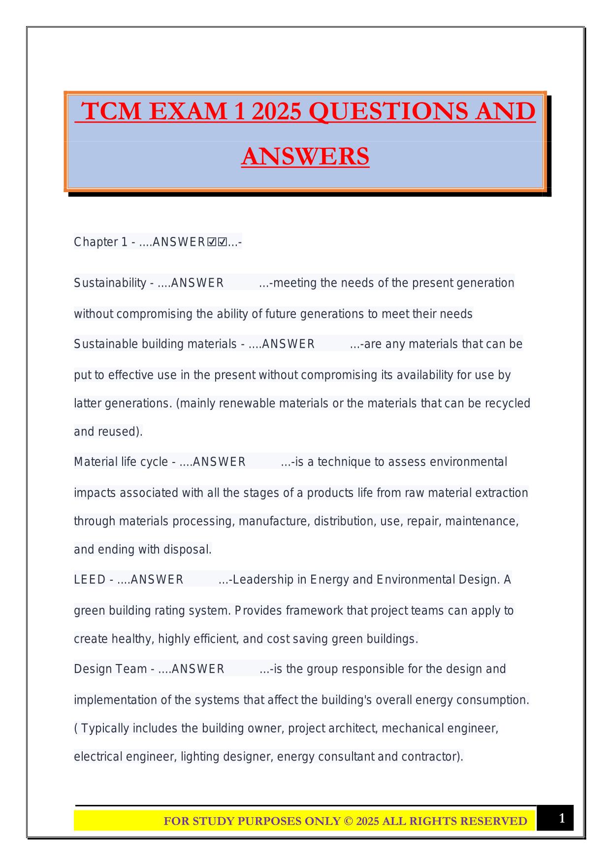 TCM EXAM 1 2025 QUESTIONS AND ANSWERS