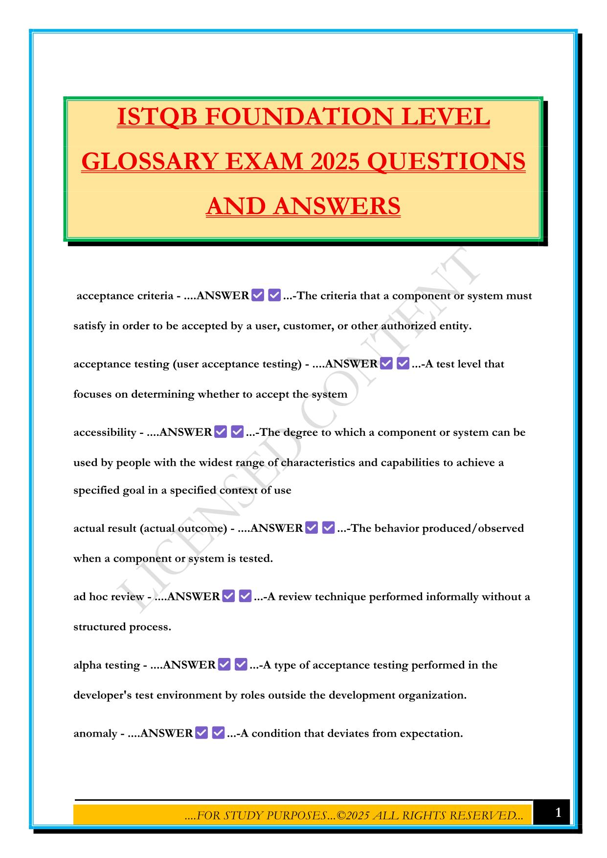 ISTQB FOUNDATION LEVEL GLOSSARY EXAM 2025 QUESTIONS AND ANSWERS